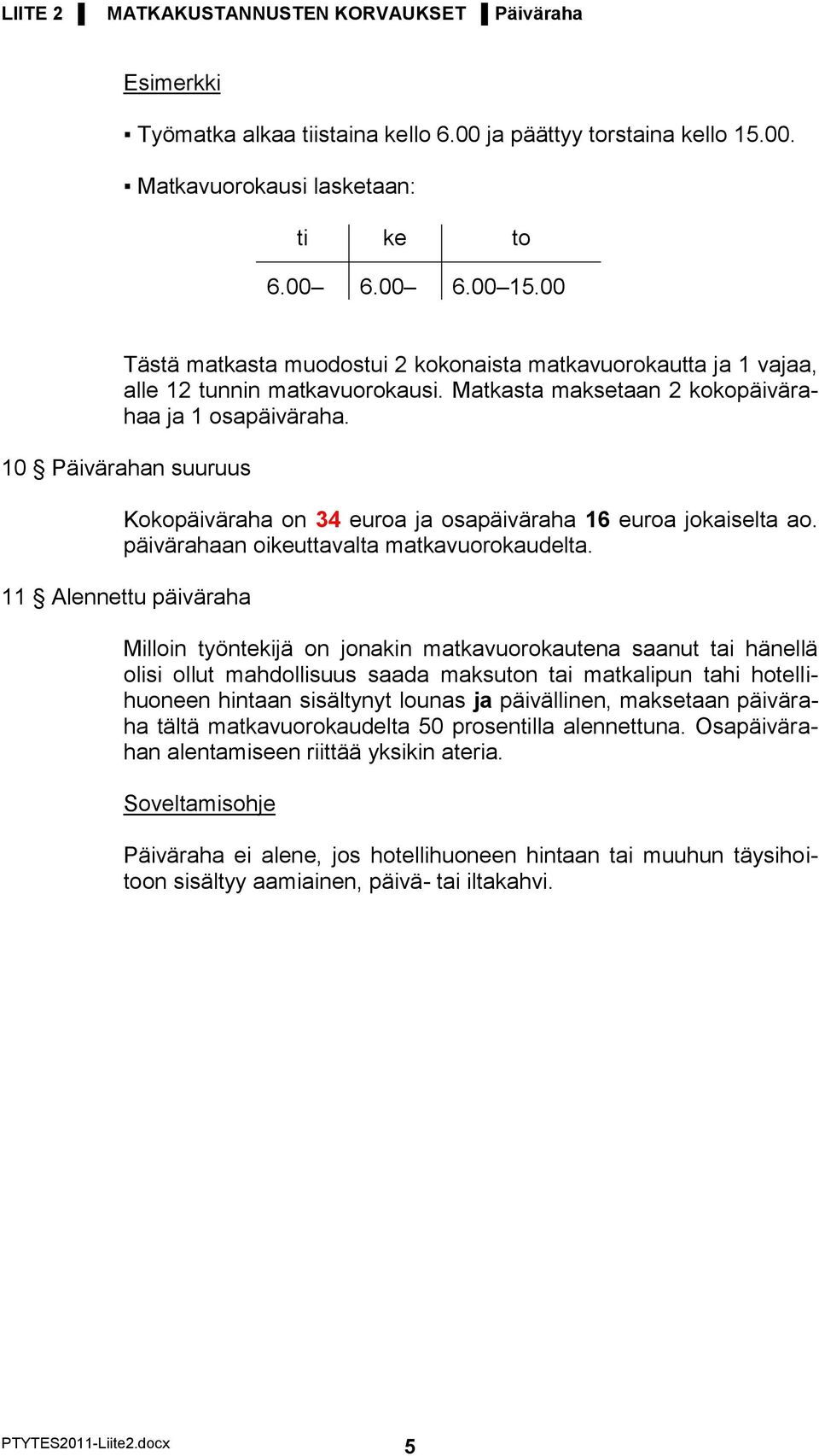 10 Päivärahan suuruus Kokopäiväraha on 34 euroa ja osapäiväraha 16 euroa jokaiselta ao. päivärahaan oikeuttavalta matkavuorokaudelta.