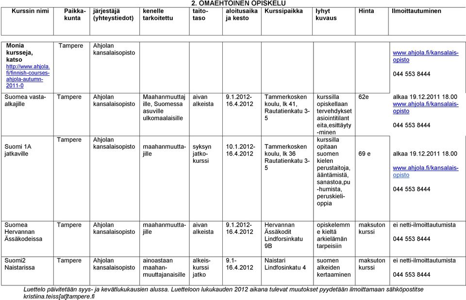 fi/finnish courses ahjola autumn 2011 0 www.ahjola.fi/ Suomi 1A tkaville Maahanmuuttaj ille, Suomessa asuville ulkomaalaisille 62e alkaa 19.12.2011 18.00 www.ahjola.fi/ aivan alkeista Suomea vastaalkajille 9.