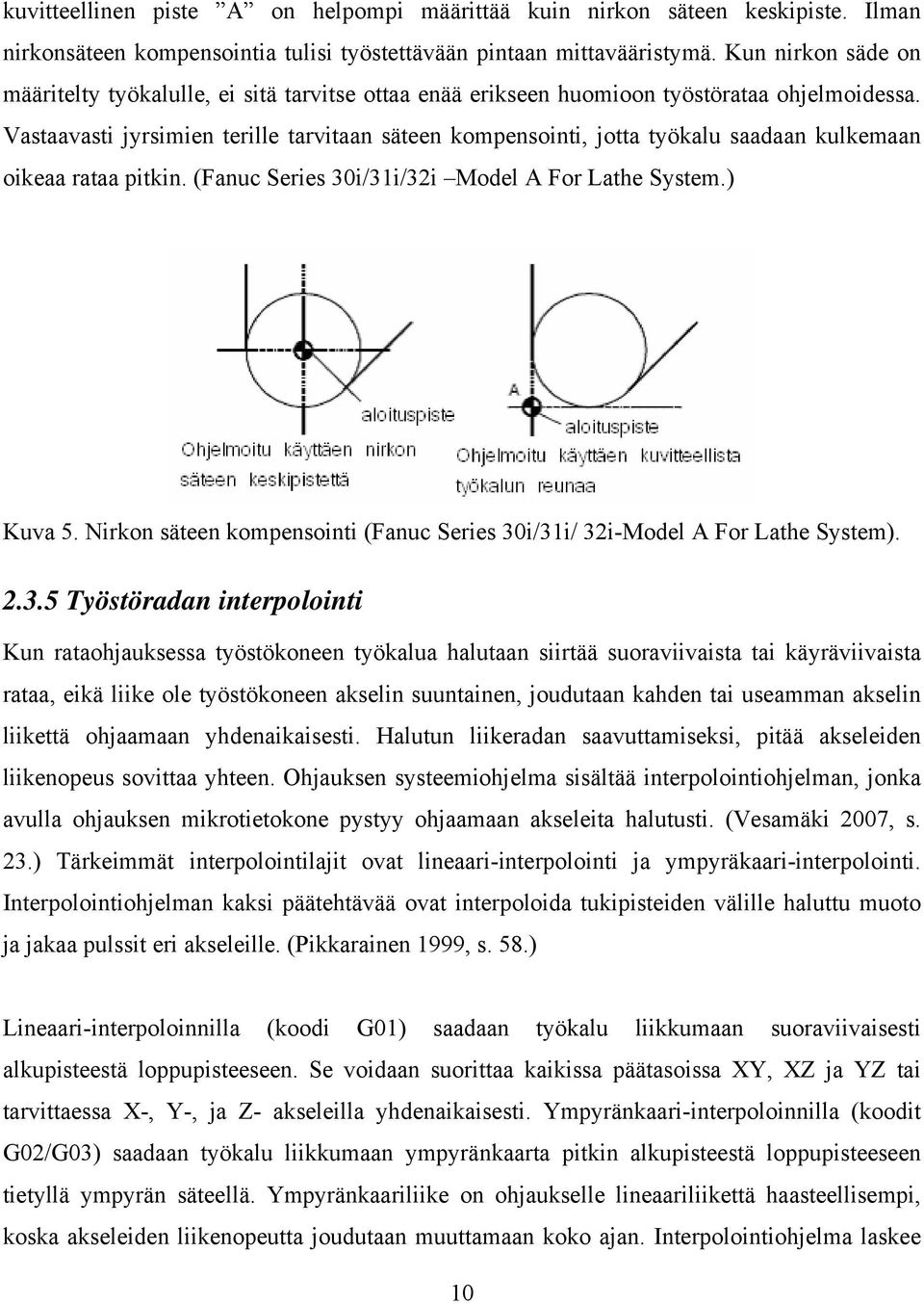 Vastaavasti jyrsimien terille tarvitaan säteen kompensointi, jotta työkalu saadaan kulkemaan oikeaa rataa pitkin. (Fanuc Series 30i/31i/32i Model A For Lathe System.) Kuva 5.