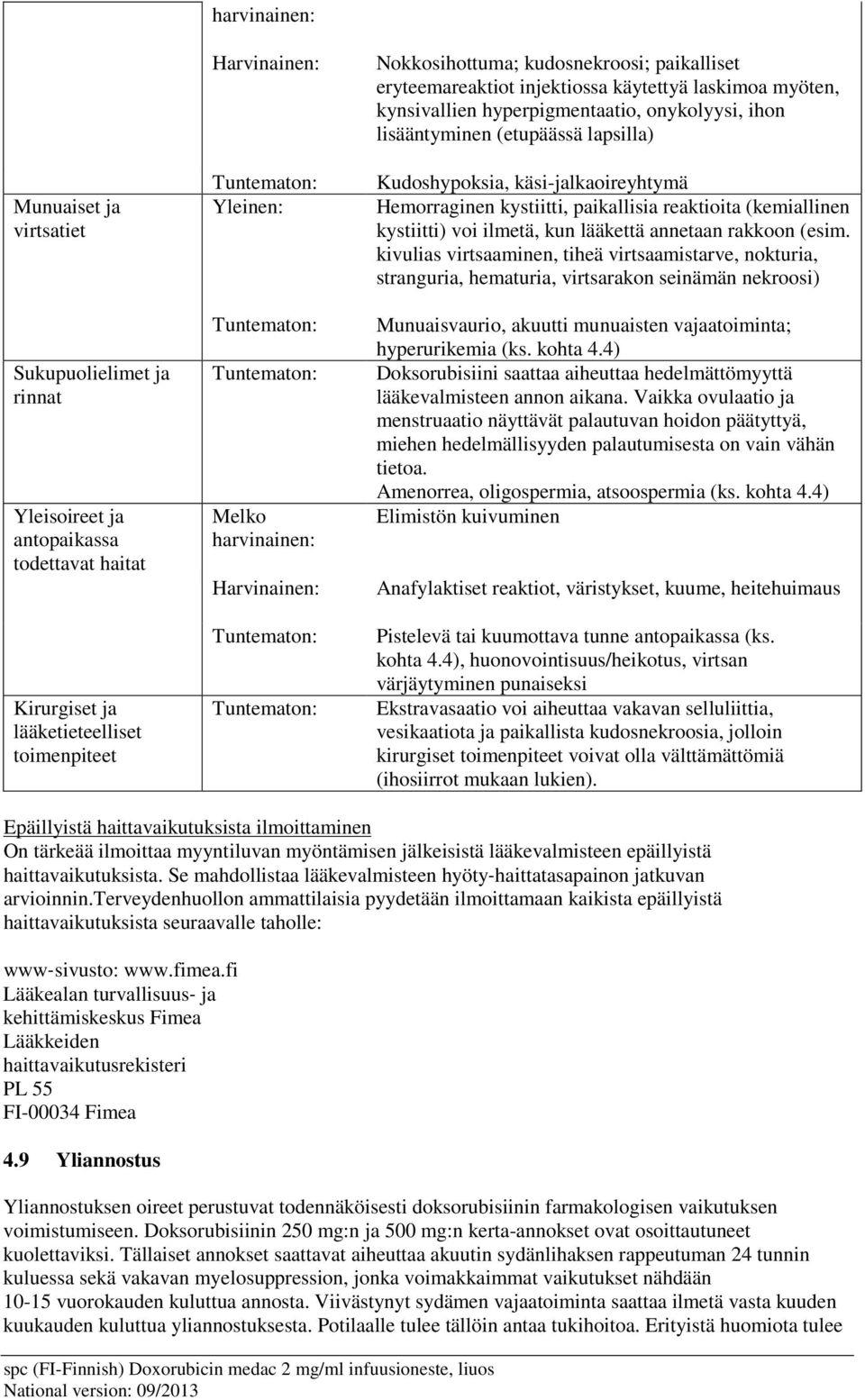 Kudoshypoksia, käsi-jalkaoireyhtymä Hemorraginen kystiitti, paikallisia reaktioita (kemiallinen kystiitti) voi ilmetä, kun lääkettä annetaan rakkoon (esim.