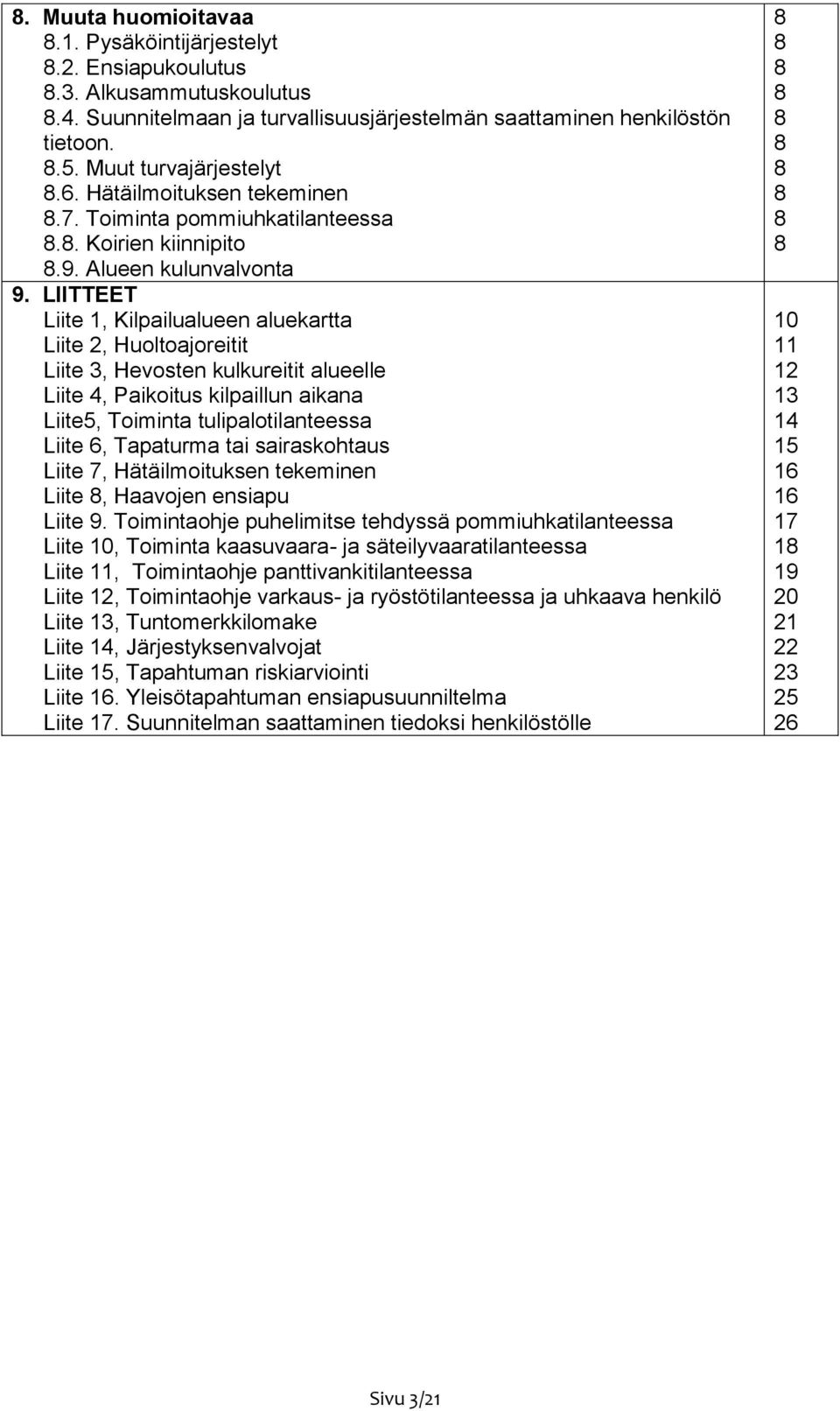 LIITTEET Liite 1, Kilpailualueen aluekartta Liite 2, Huoltoajoreitit Liite 3, Hevosten kulkureitit alueelle Liite 4, Paikoitus kilpaillun aikana Liite, Toiminta tulipalotilanteessa Liite, Tapaturma