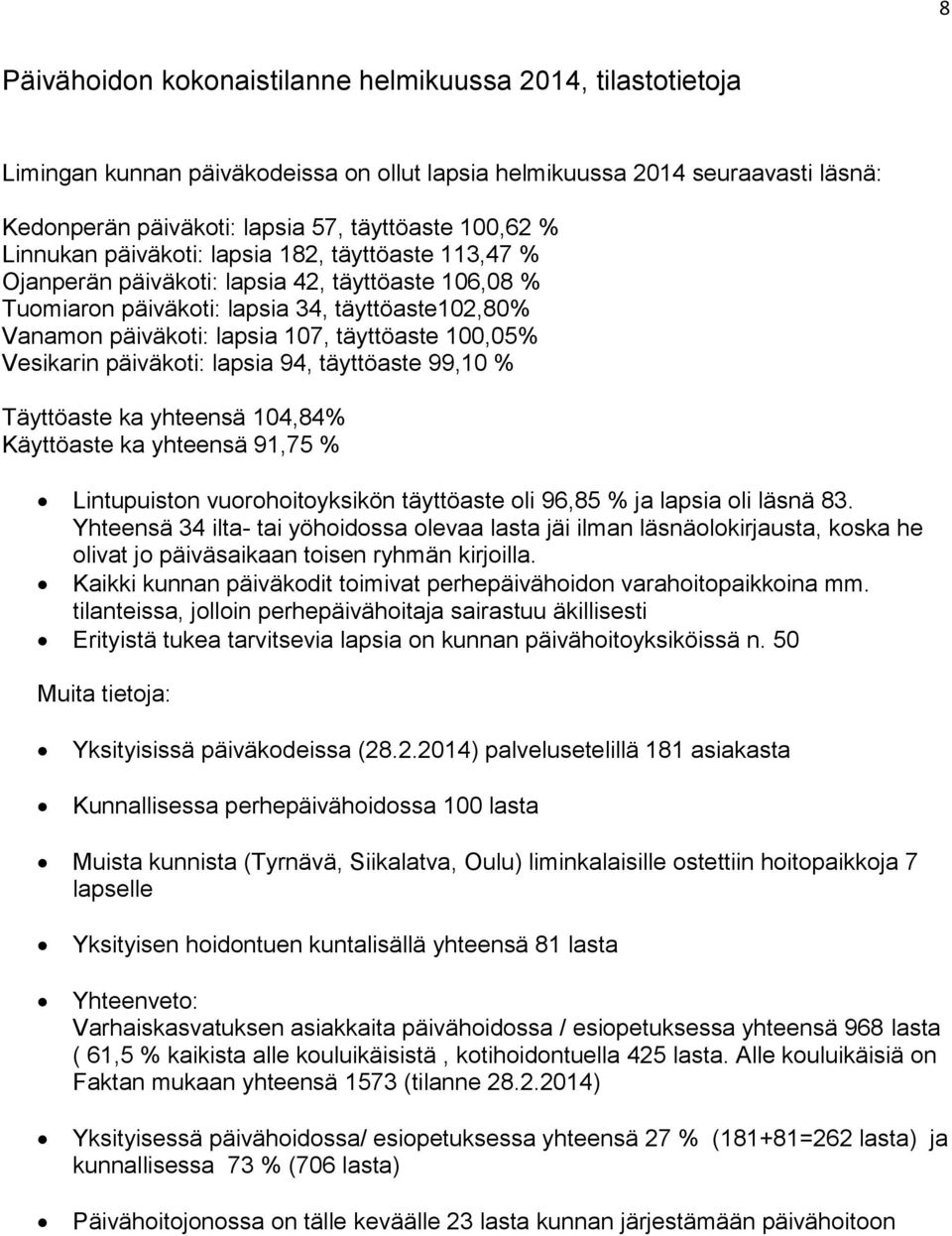 100,05% Vesikarin päiväkoti: lapsia 94, täyttöaste 99,10 % Täyttöaste ka yhteensä 104,84% Käyttöaste ka yhteensä 91,75 % Lintupuiston vuorohoitoyksikön täyttöaste oli 96,85 % ja lapsia oli läsnä 83.