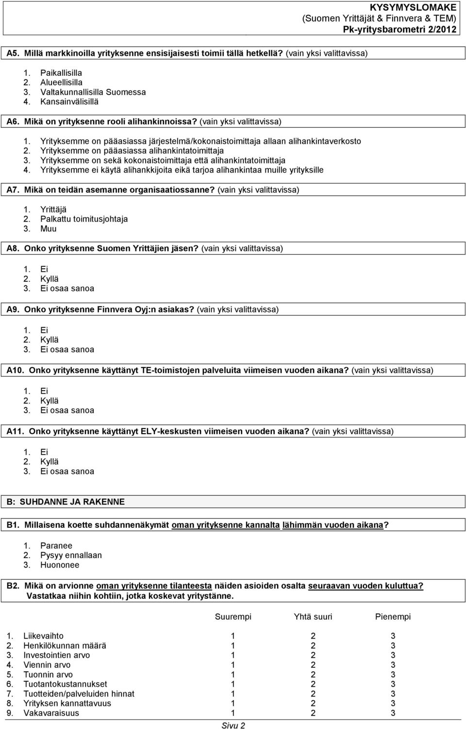 Yrityksemme on pääasiassa alihankintatoimittaja 3. Yrityksemme on sekä kokonaistoimittaja että alihankintatoimittaja 4.