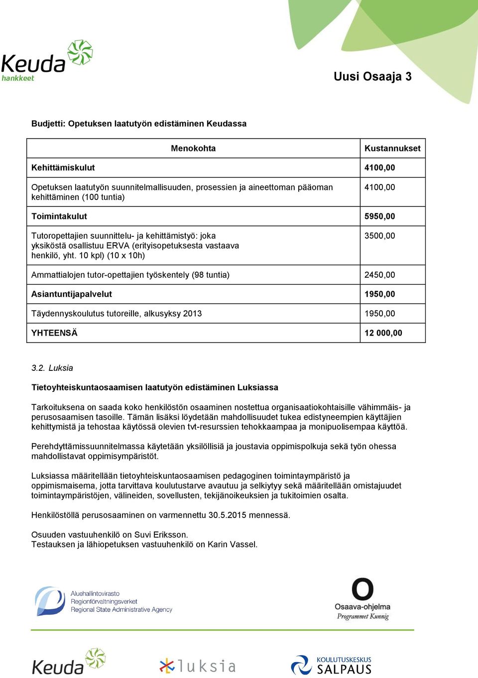 10 kpl) (10 x 10h) 3500,00 Ammattialojen tutor-opettajien työskentely (98 tuntia) 24