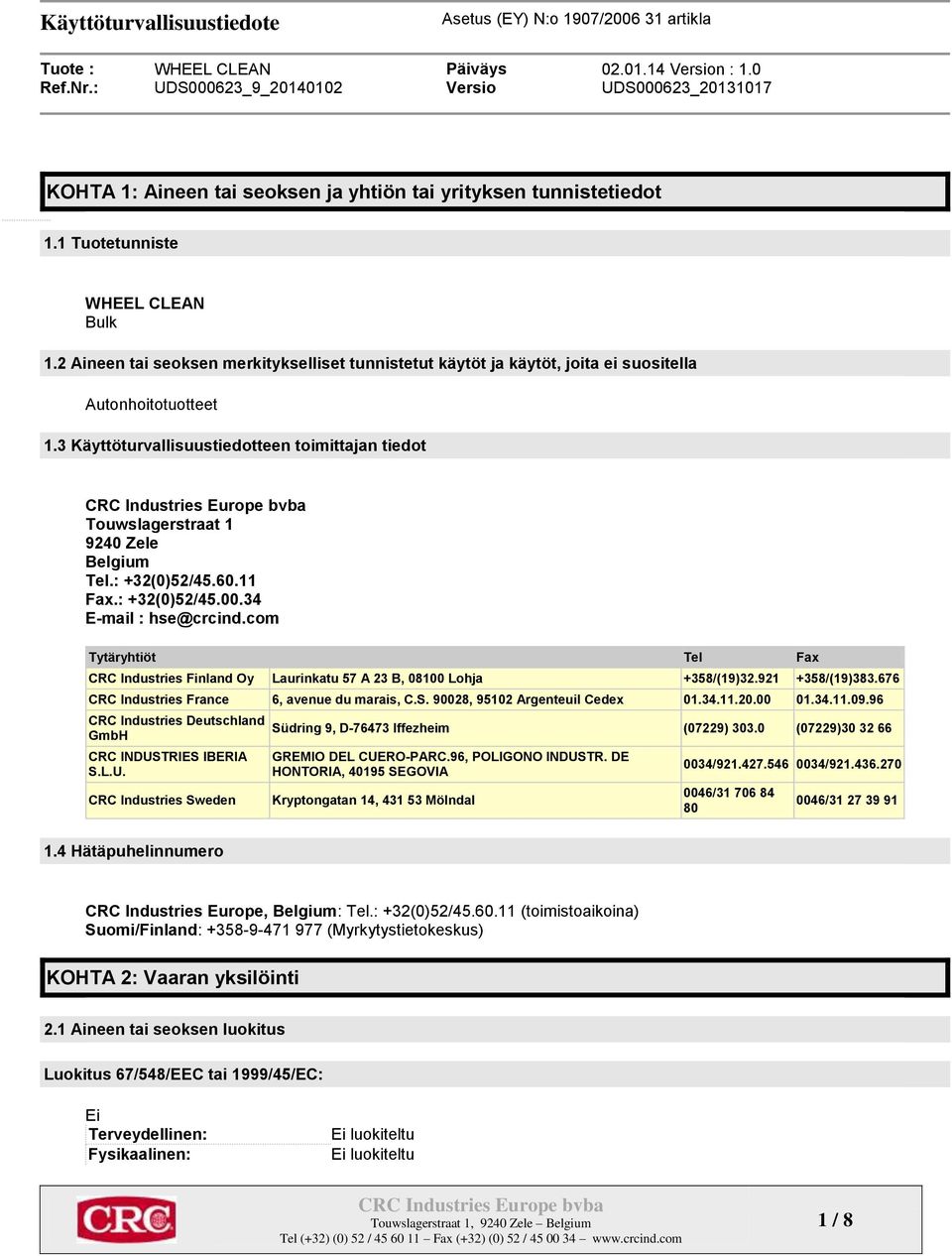 : +32(0)52/45.60.11 Fax.: +32(0)52/45.00.34 E-mail : hse@crcind.com Tytäryhtiöt Tel Fax CRC Industries Finland Oy Laurinkatu 57 A 23 B, 08100 Lohja +358/(19)32.921 +358/(19)383.