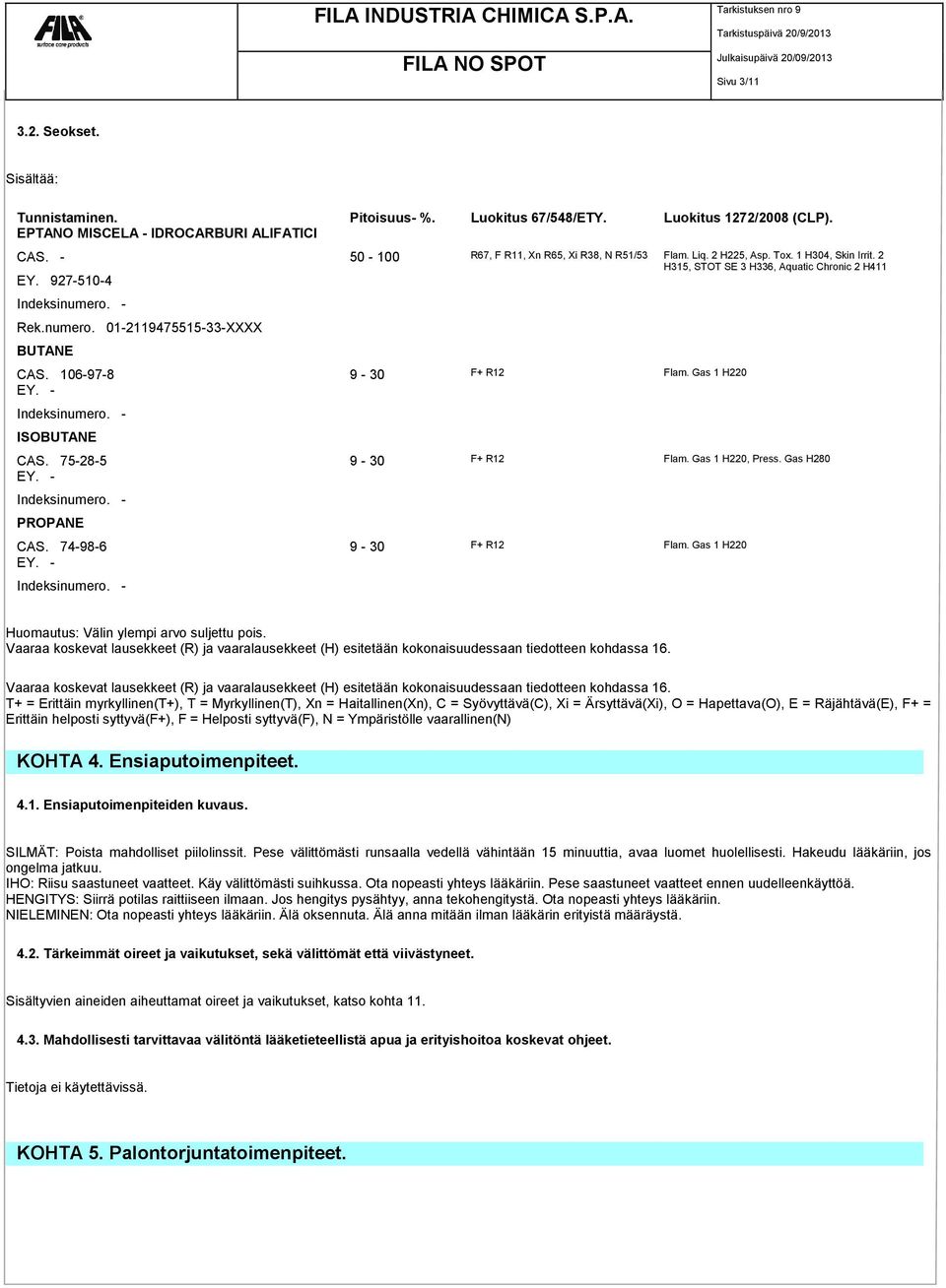 - Rek.numero. 01-2119475515-33-XXXX BUTANE CAS. 106-97-8 9-30 F+ R12 Flam. Gas 1 H220 EY. - Indeksinumero. - ISOBUTANE CAS. 75-28-5 9-30 F+ R12 Flam. Gas 1 H220, Press. Gas H280 EY. - Indeksinumero. - PROPANE CAS.