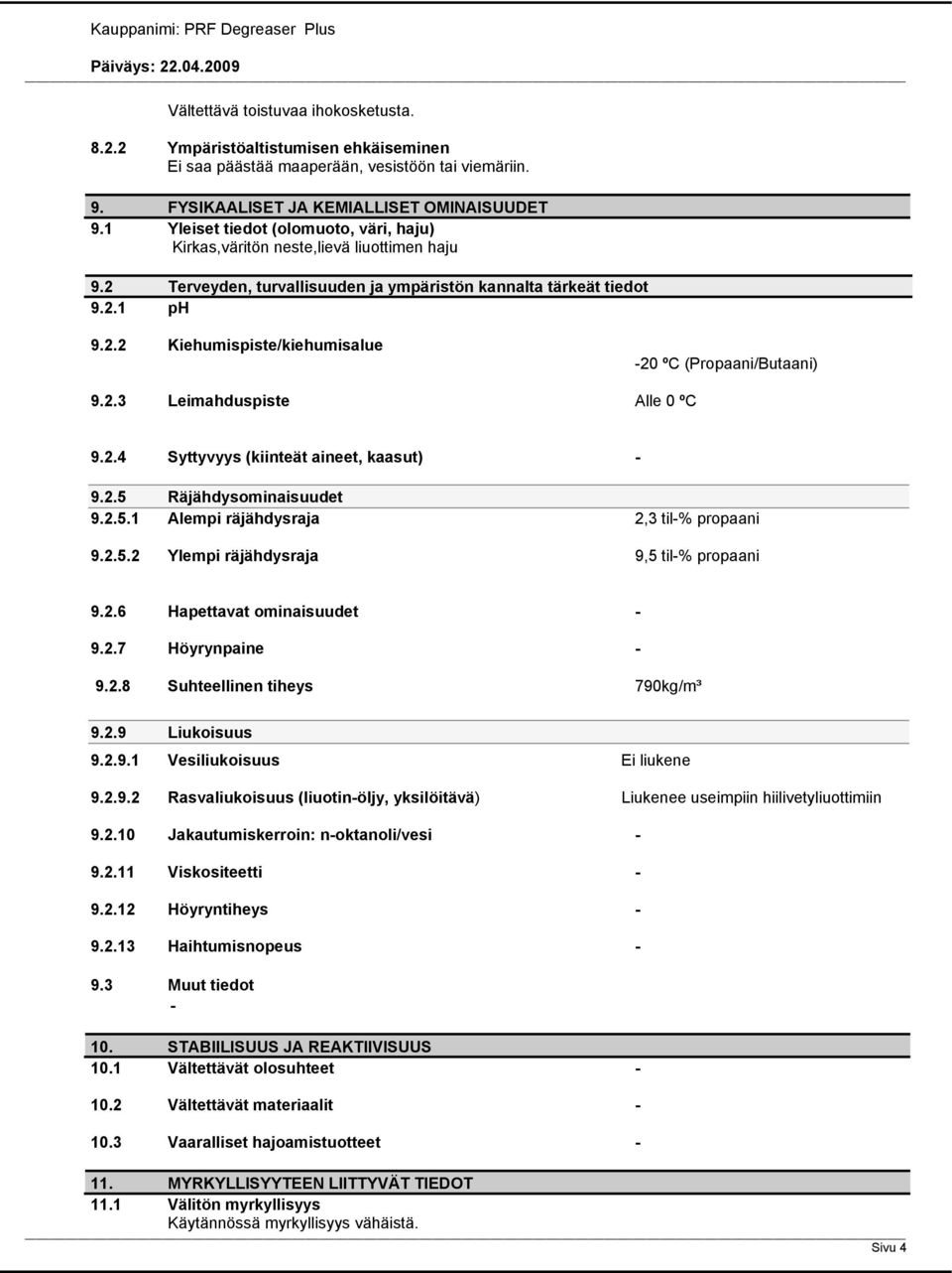 2.3 Leimahduspiste Alle 0 ºC 9.2.4 Syttyvyys (kiinteät aineet, kaasut) 9.2.5 Räjähdysominaisuudet 9.2.5.1 Alempi räjähdysraja 2,3 til% propaani 9.2.5.2 Ylempi räjähdysraja 9,5 til% propaani 9.2.6 Hapettavat ominaisuudet 9.