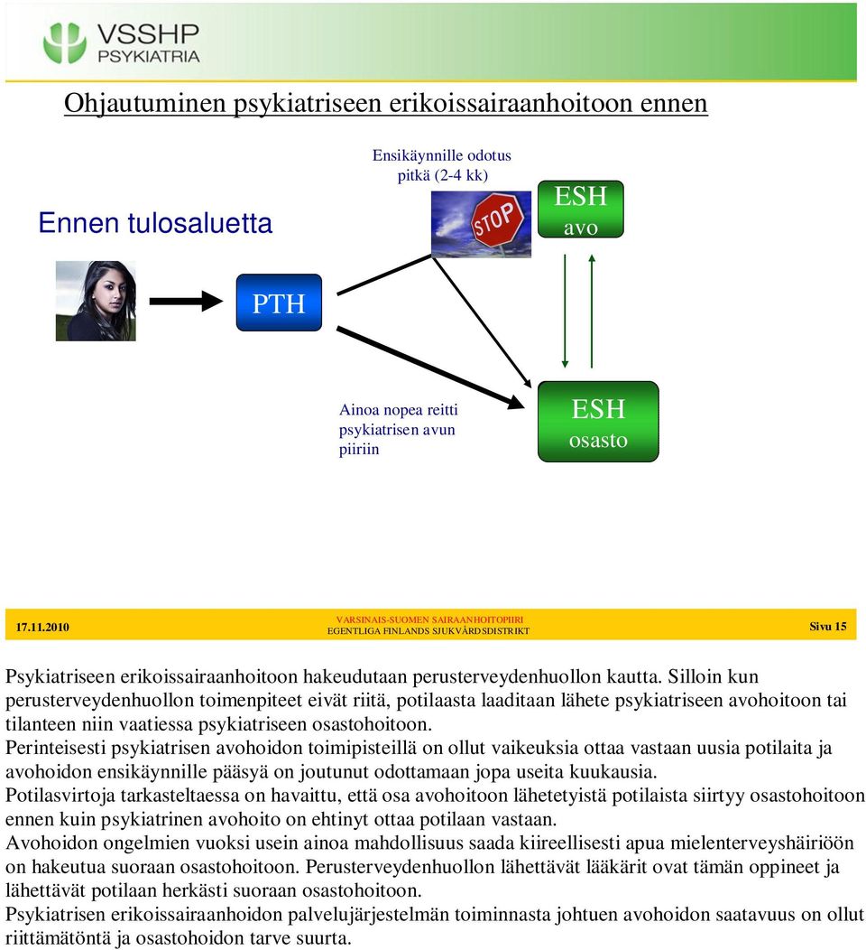 Silloin kun perusterveydenhuollon toimenpiteet eivät riitä, potilaasta laaditaan lähete psykiatriseen avohoitoon tai tilanteen niin vaatiessa psykiatriseen osastohoitoon.