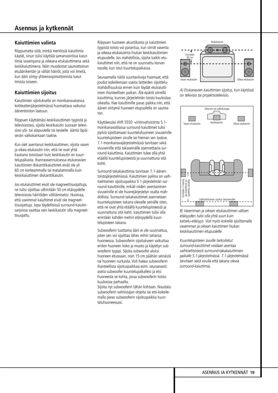 Kaiuttimien sijoitus Kaiuttimien sijoituksella on monikanavaisessa kotiteatterijärjestelmässä huomattava vaikutus äänentoiston laatuun.