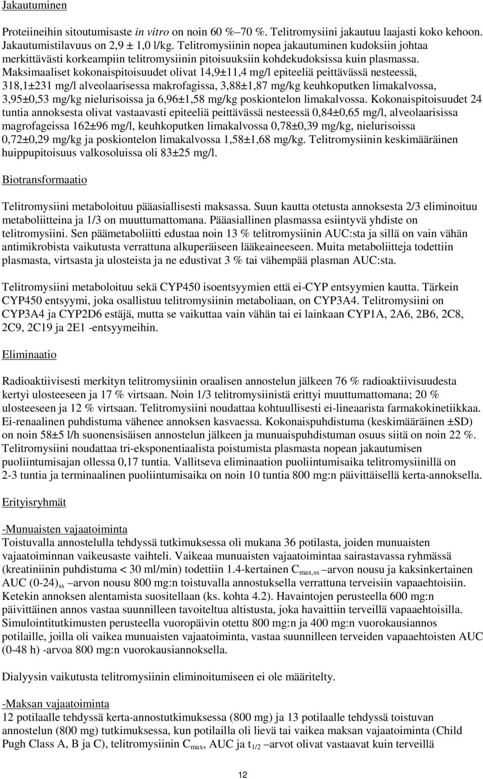 Maksimaaliset kokonaispitoisuudet olivat 14,9±11,4 mg/l epiteeliä peittävässä nesteessä, 318,1±231 mg/l alveolaarisessa makrofagissa, 3,88±1,87 mg/kg keuhkoputken limakalvossa, 3,95±0,53 mg/kg