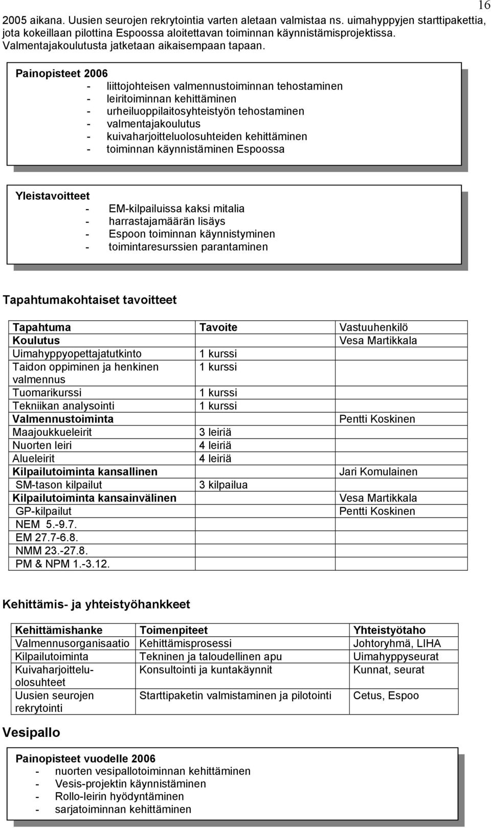 Painopisteet 2006 - liittojohteisen valmennustoiminnan tehostaminen - leiritoiminnan kehittäminen - urheiluoppilaitosyhteistyön tehostaminen - valmentajakoulutus - kuivaharjoitteluolosuhteiden