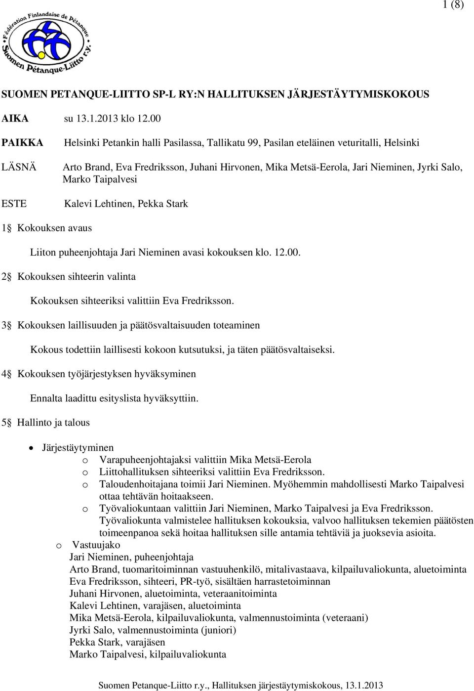 Salo, Marko Taipalvesi Kalevi Lehtinen, Pekka Stark 1 Kokouksen avaus Liiton puheenjohtaja Jari Nieminen avasi kokouksen klo. 12.00.