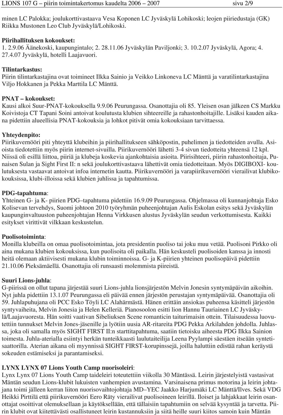 Tilintarkastus: Piirin tilintarkastajina ovat toimineet Ilkka Sainio ja Veikko Linkoneva LC Mänttä ja varatilintarkastajina Viljo Hokkanen ja Pekka Marttila LC Mänttä.