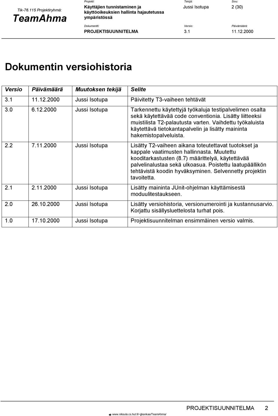 Lisätty liitteeksi muistilista T2-palautusta varten. Vaihdettu työkaluista käytettävä tietokantapalvelin ja lisätty maininta hakemistopalveluista. 2.2 7.11.