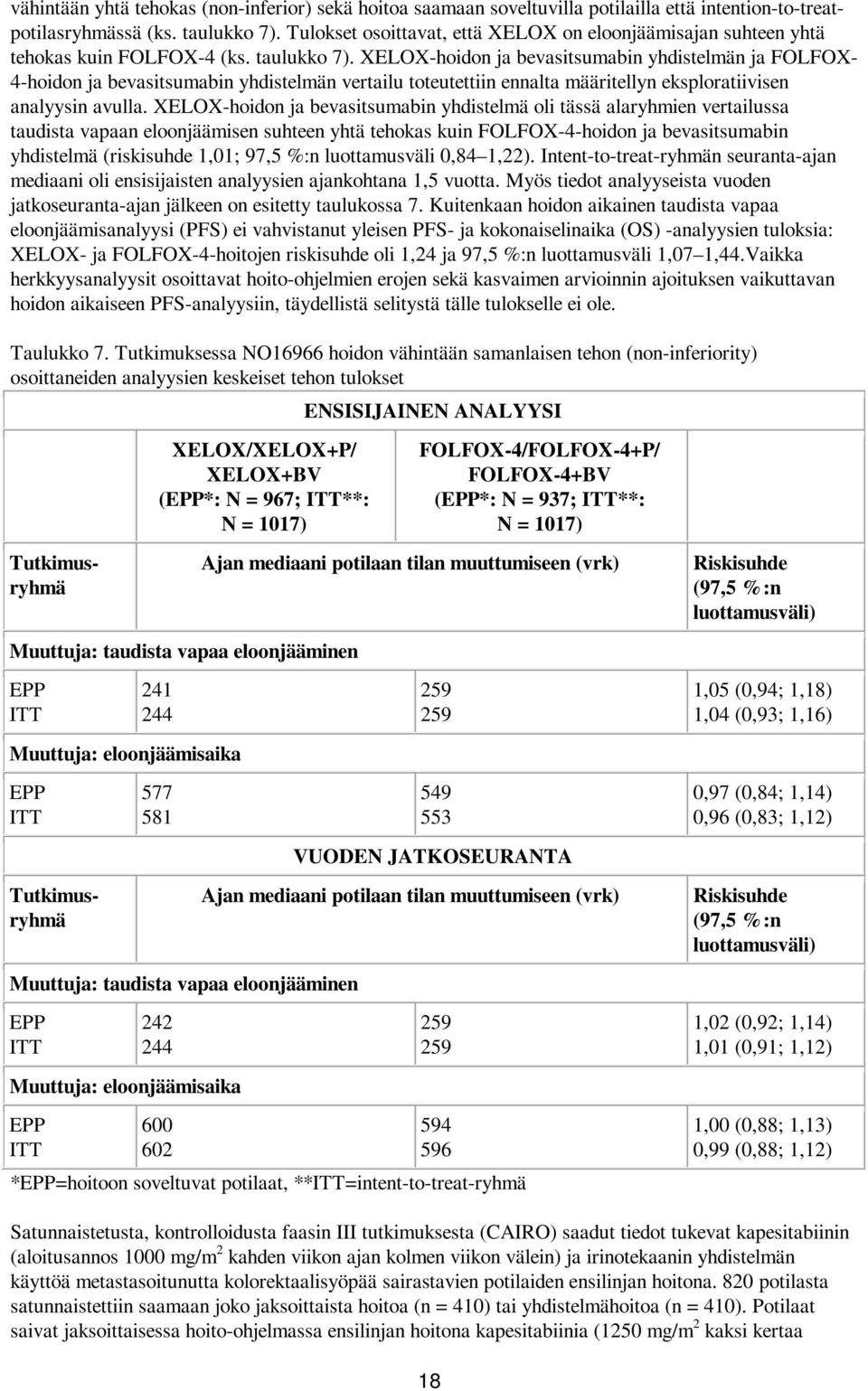 XELOX-hoidon ja bevasitsumabin yhdistelmän ja FOLFOX- 4-hoidon ja bevasitsumabin yhdistelmän vertailu toteutettiin ennalta määritellyn eksploratiivisen analyysin avulla.