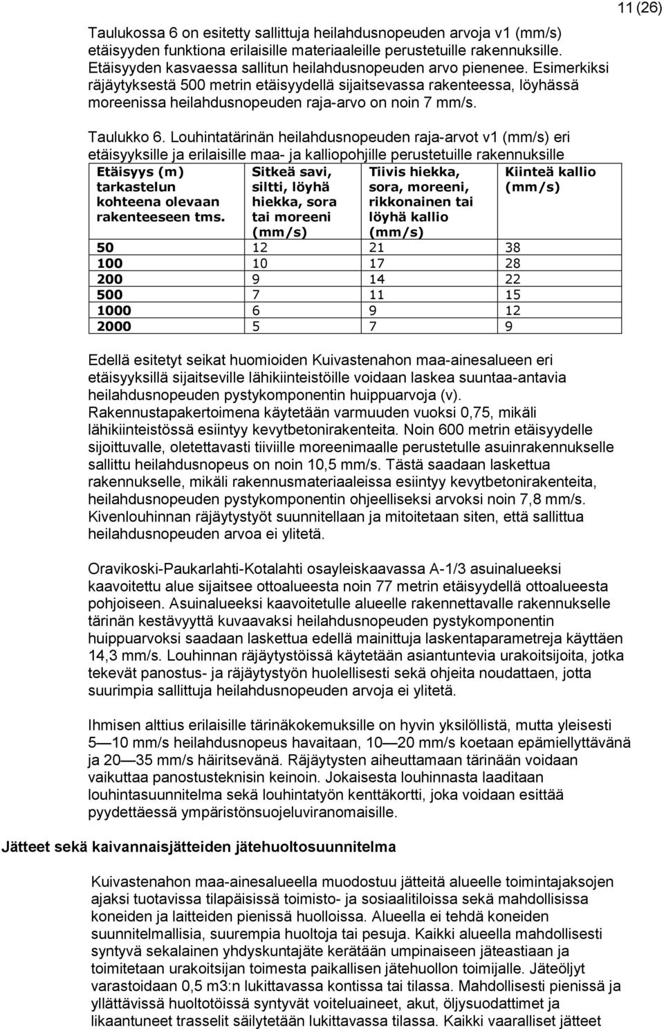 Esimerkiksi räjäytyksestä 500 metrin etäisyydellä sijaitsevassa rakenteessa, löyhässä moreenissa heilahdusnopeuden raja-arvo on noin 7 mm/s. Taulukko 6.