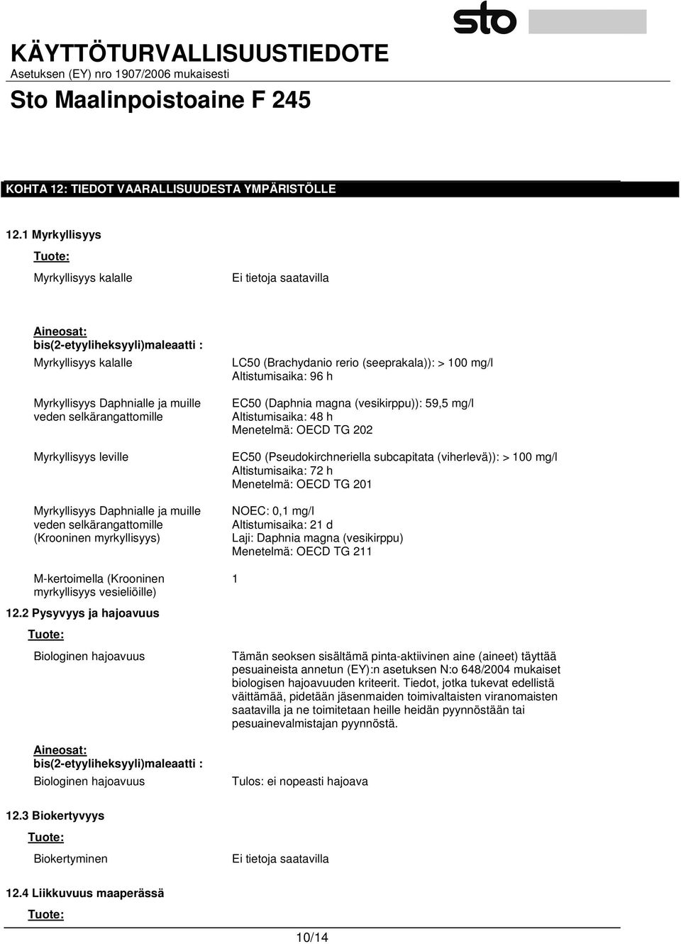 Daphnialle ja muille veden selkärangattomille (Krooninen myrkyllisyys) M-kertoimella (Krooninen myrkyllisyys vesieliöille) LC50 (Brachydanio rerio (seeprakala)): > 100 mg/l Altistumisaika: 96 h EC50