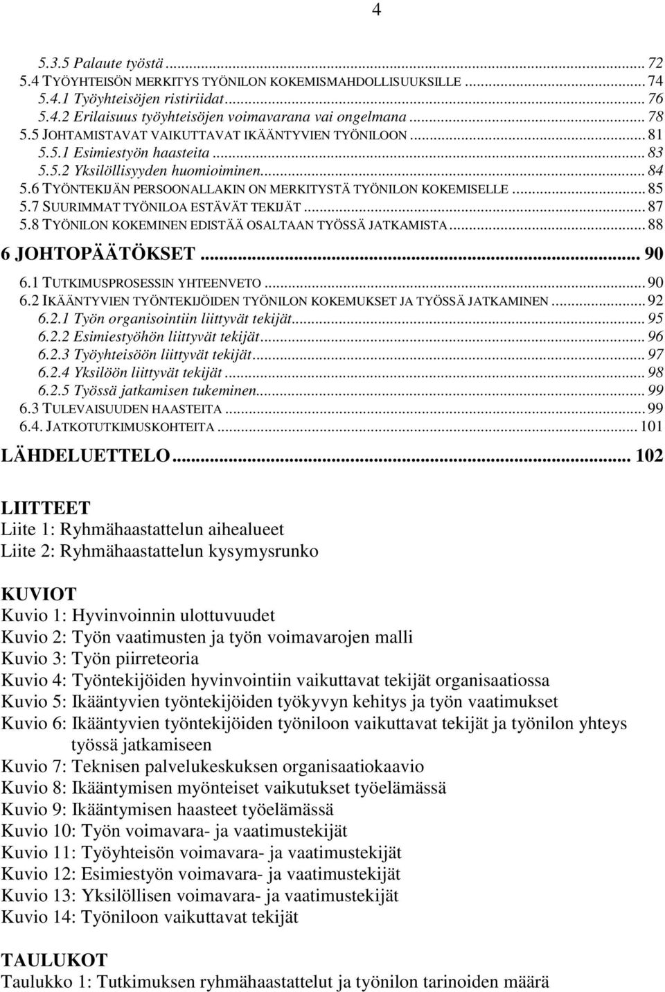 .. 85 5.7 SUURIMMAT TYÖNILOA ESTÄVÄT TEKIJÄT... 87 5.8 TYÖNILON KOKEMINEN EDISTÄÄ OSALTAAN TYÖSSÄ JATKAMISTA... 88 6 JOHTOPÄÄTÖKSET... 90 6.