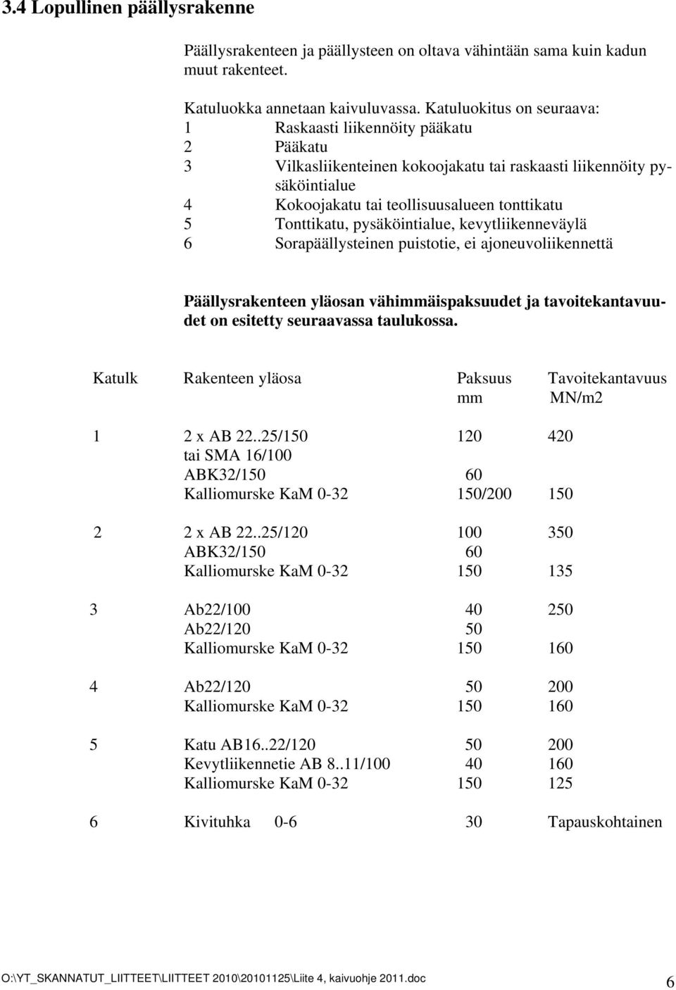 Tonttikatu, pysäköintialue, kevytliikenneväylä 6 Sorapäällysteinen puistotie, ei ajoneuvoliikennettä Päällysrakenteen yläosan vähimmäispaksuudet ja tavoitekantavuudet on esitetty seuraavassa