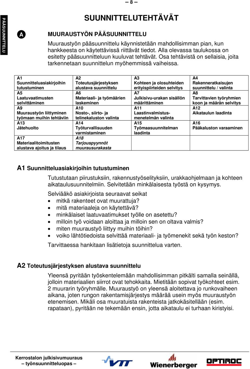 A1 Suunnitteluasiakirjoihin tutustuminen A5 Laatuvaatimusten selvittäminen A9 Muuraustyön liittyminen työmaan muihin tehtäviin A13 Jätehuolto A17 Materiaalitoimitusten alustava ajoitus ja tilaus A2