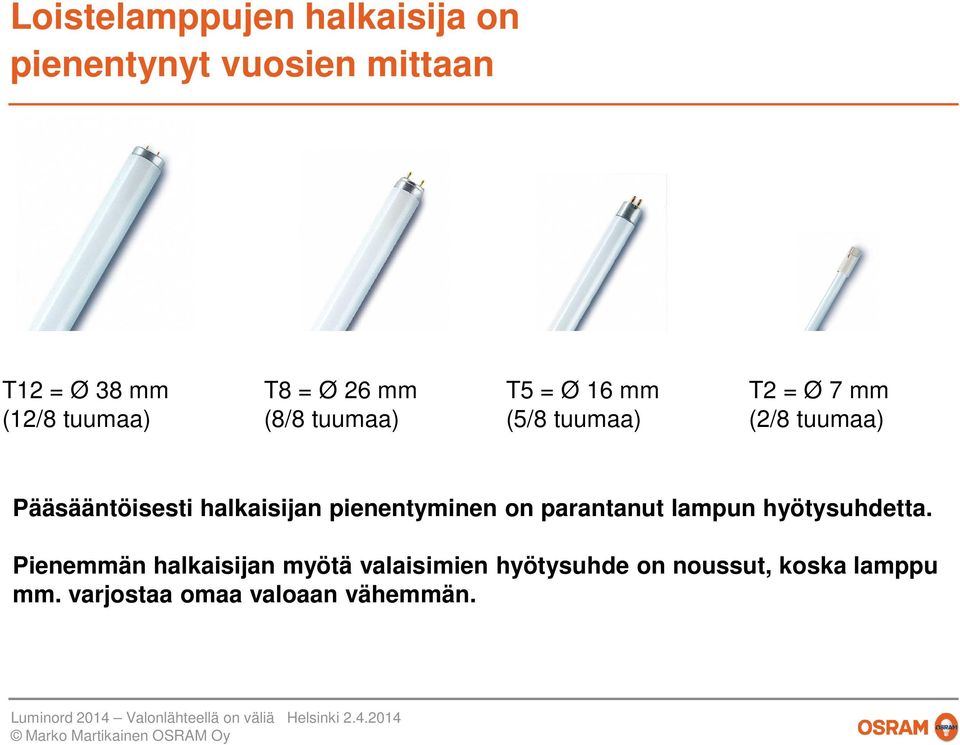 Pääsääntöisesti halkaisijan pienentyminen on parantanut lampun hyötysuhdetta.