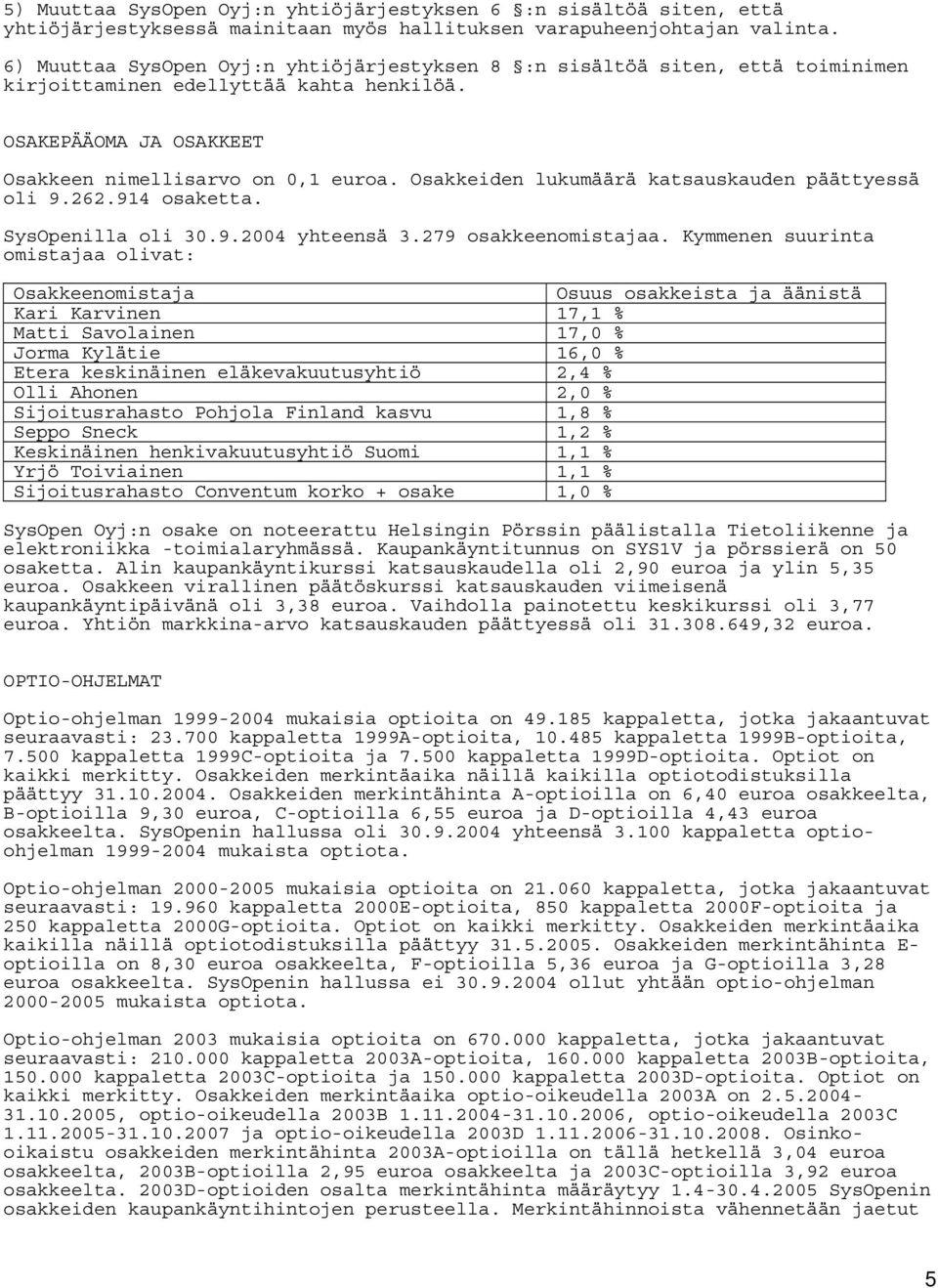 Osakkeiden lukumäärä katsauskauden päättyessä oli 9.262.914 osaketta. SysOpenilla oli 30.9.2004 yhteensä 3.279 osakkeenomistajaa.