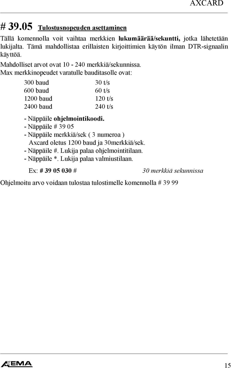 Max merkkinopeudet varatulle bauditasolle ovat: 300 baud 30 t/s 600 baud 60 t/s 1200 baud 120 t/s 2400 baud 240 t/s - Näppäile # 39 05 - Näppäile merkkiä/sek ( 3