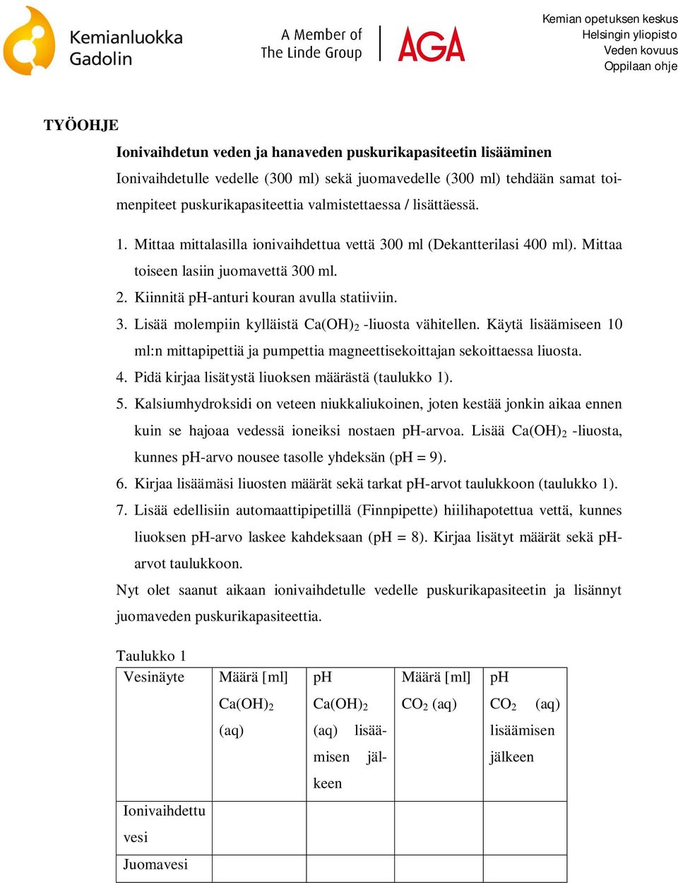 Käytä lisäämiseen 10 ml:n mittapipettiä ja pumpettia magneettisekoittajan sekoittaessa liuosta. 4. Pidä kirjaa lisätystä liuoksen määrästä (taulukko 1). 5.