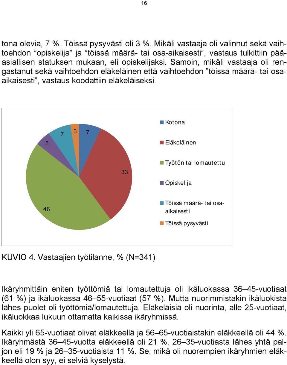 Samoin, mikäli vastaaja oli rengastanut sekä vaihtoehdon eläkeläinen että vaihtoehdon töissä määrä tai osaaikaisesti, vastaus koodattiin eläkeläiseksi.