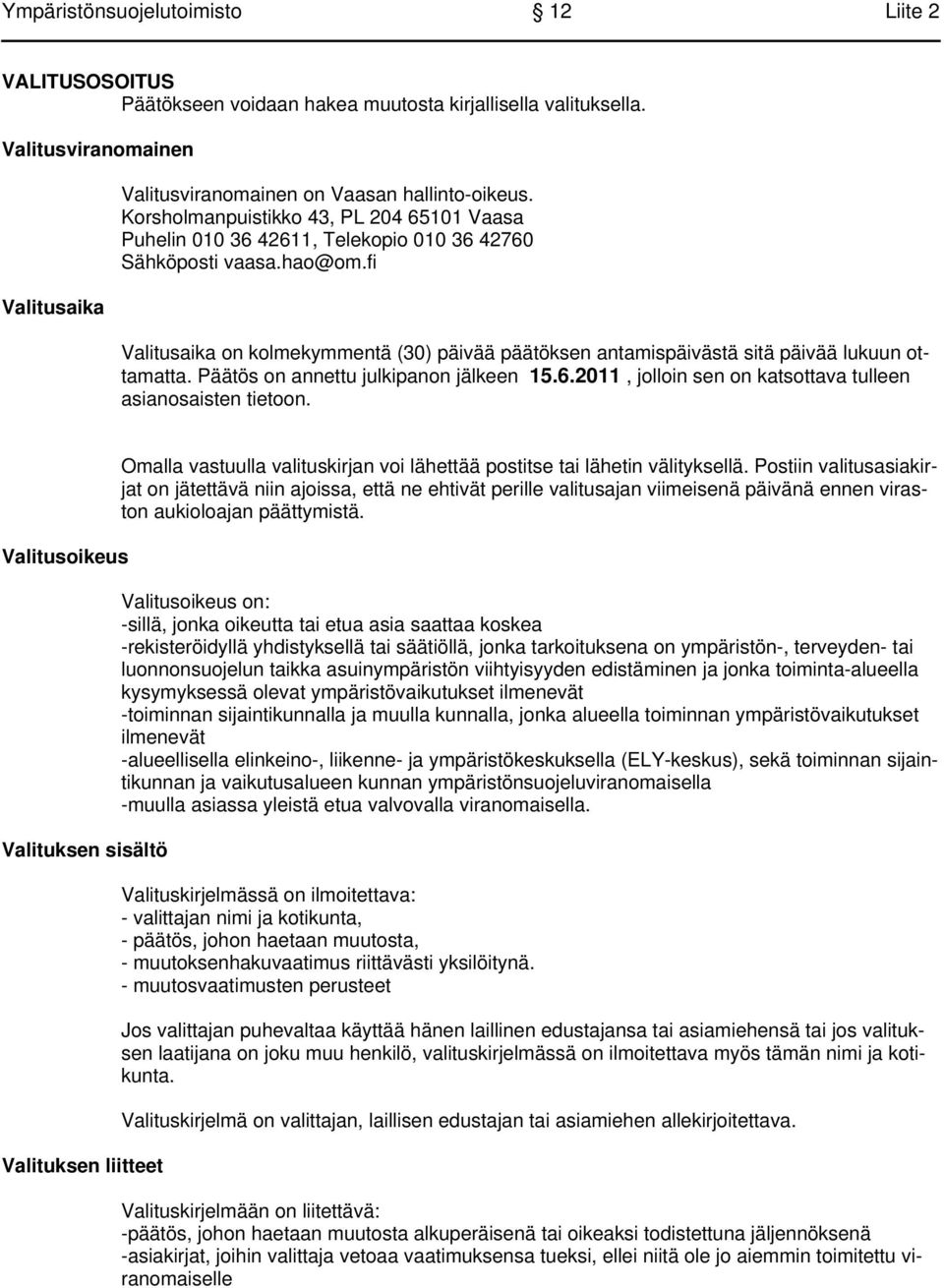 fi Valitusaika on kolmekymmentä (30) päivää päätöksen antamispäivästä sitä päivää lukuun ottamatta. Päätös on annettu julkipanon jälkeen 15.6.