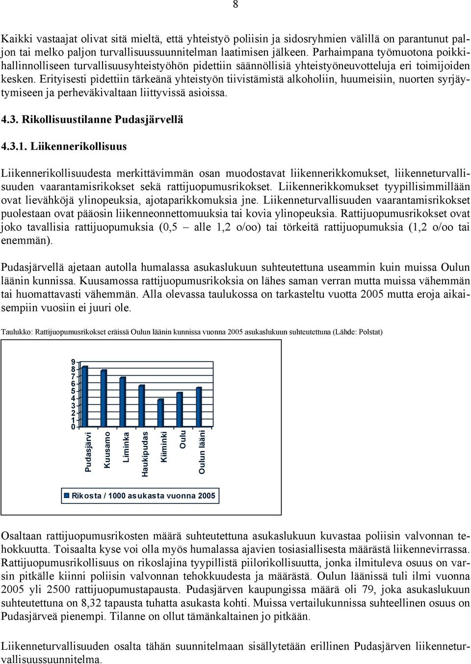 Erityisesti pidettiin tärkeänä yhteistyön tiivistämistä alkoholiin, huumeisiin, nuorten syrjäytymiseen ja perheväkivaltaan liittyvissä asioissa. 4.3. Rikollisuustilanne Pudasjärvellä 4.3.1.