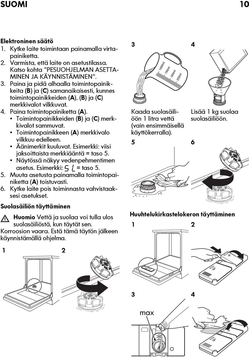 Toimintopainikkeiden (B) ja (C) merkkivalot sammuvat. Toimintopainikkeen (A) merkkivalo vilkkuu edelleen. Äänimerkit kuuluvat. Esimerkki: viisi jaksoittaista merkkiääntä = taso 5.