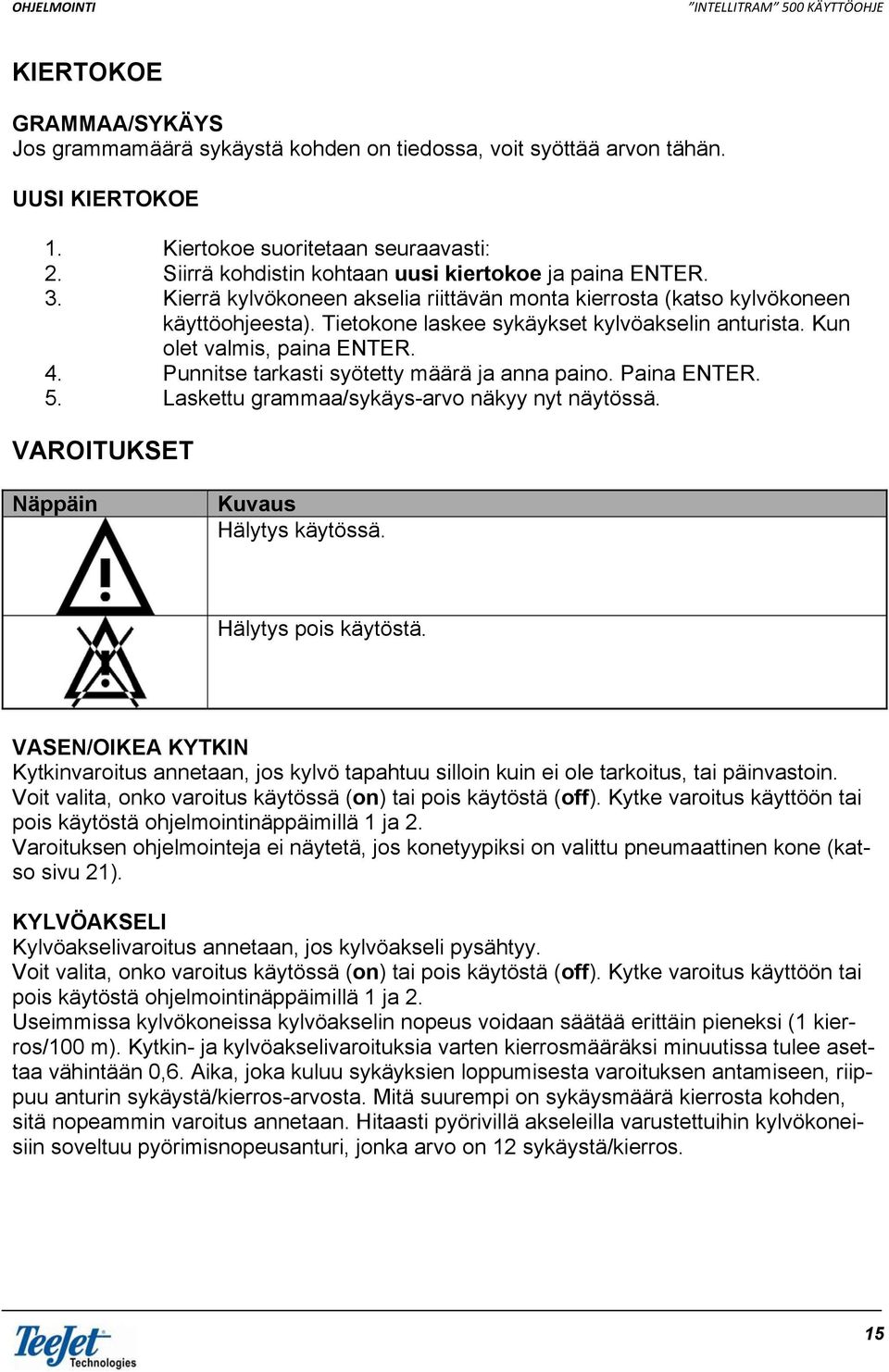 Kun olet valmis, paina ENTER. 4. Punnitse tarkasti syötetty määrä ja anna paino. Paina ENTER. 5. Laskettu grammaa/sykäys-arvo näkyy nyt näytössä. VAROITUKSET Hälytys käytössä. Hälytys pois käytöstä.