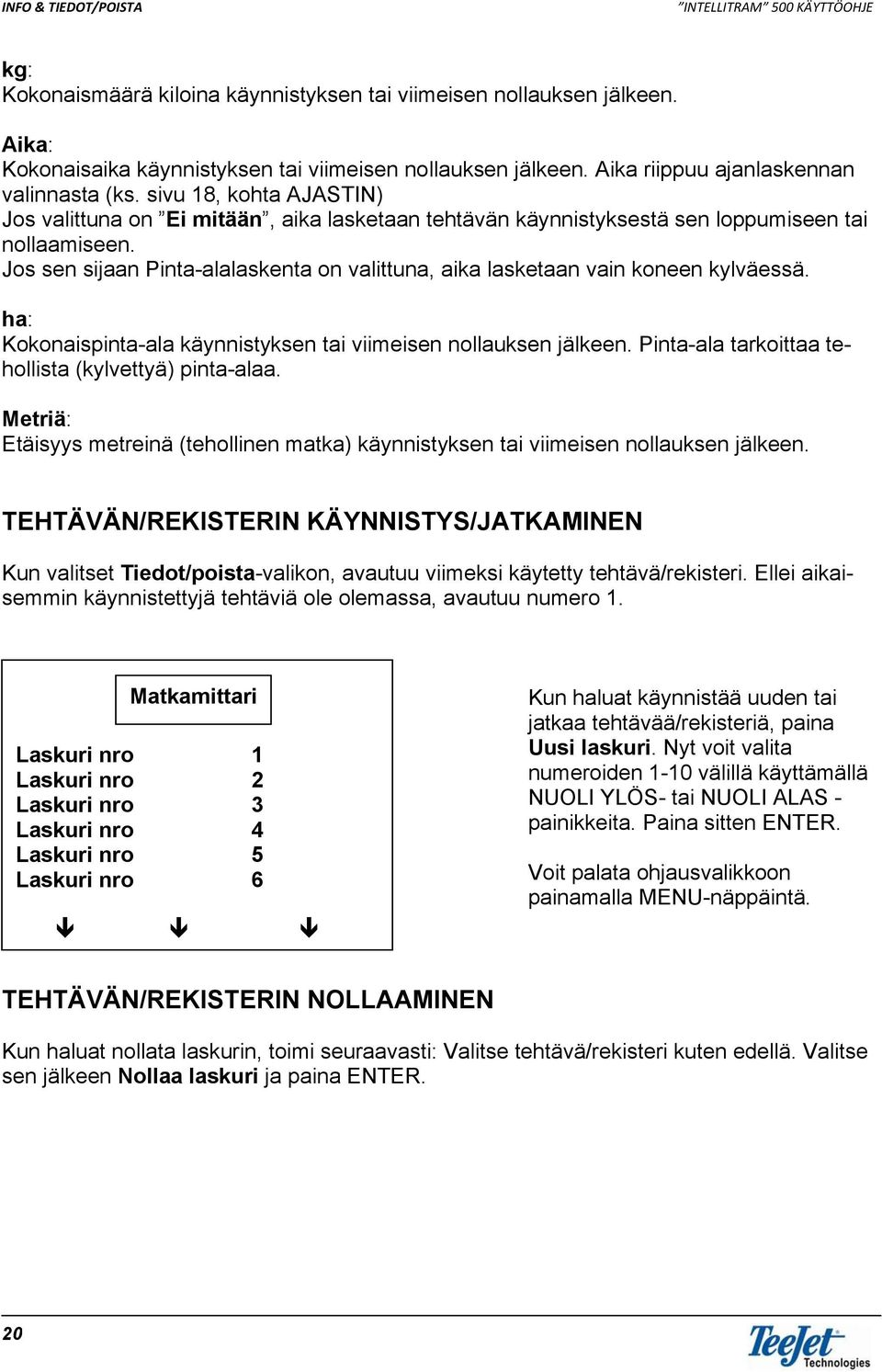 Jos sen sijaan Pinta-alalaskenta on valittuna, aika lasketaan vain koneen kylväessä. ha: Kokonaispinta-ala käynnistyksen tai viimeisen nollauksen jälkeen.