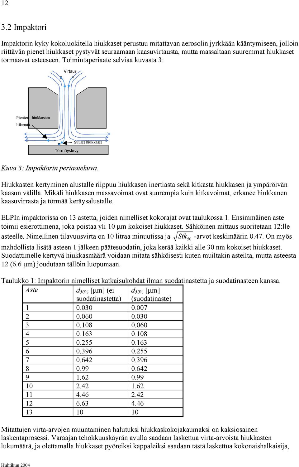 Hiukkasten kertyminen alustalle riippuu hiukkasen inertiasta sekä kitkasta hiukkasen ja ympäröivän kaasun välillä.