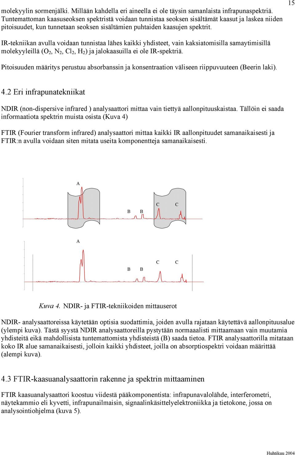 15 IR-tekniikan avulla voidaan tunnistaa lähes kaikki yhdisteet, vain kaksiatomisilla samaytimisillä molekyyleillä (O 2, N 2, Cl 2, H 2 ) ja jalokaasuilla ei ole IR-spektriä.