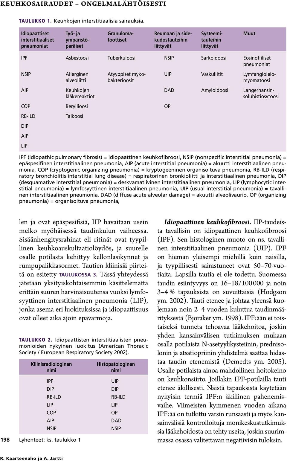 Sarkoidoosi Eosinofiiliset pneumoniat NSIP Allerginen alveoliitti Atyyppiset mykobakterioosit UIP Vaskuliitit Lymfangioleiomyomatoosi AIP Keuhkojen lääkereaktiot DAD Amyloidoosi