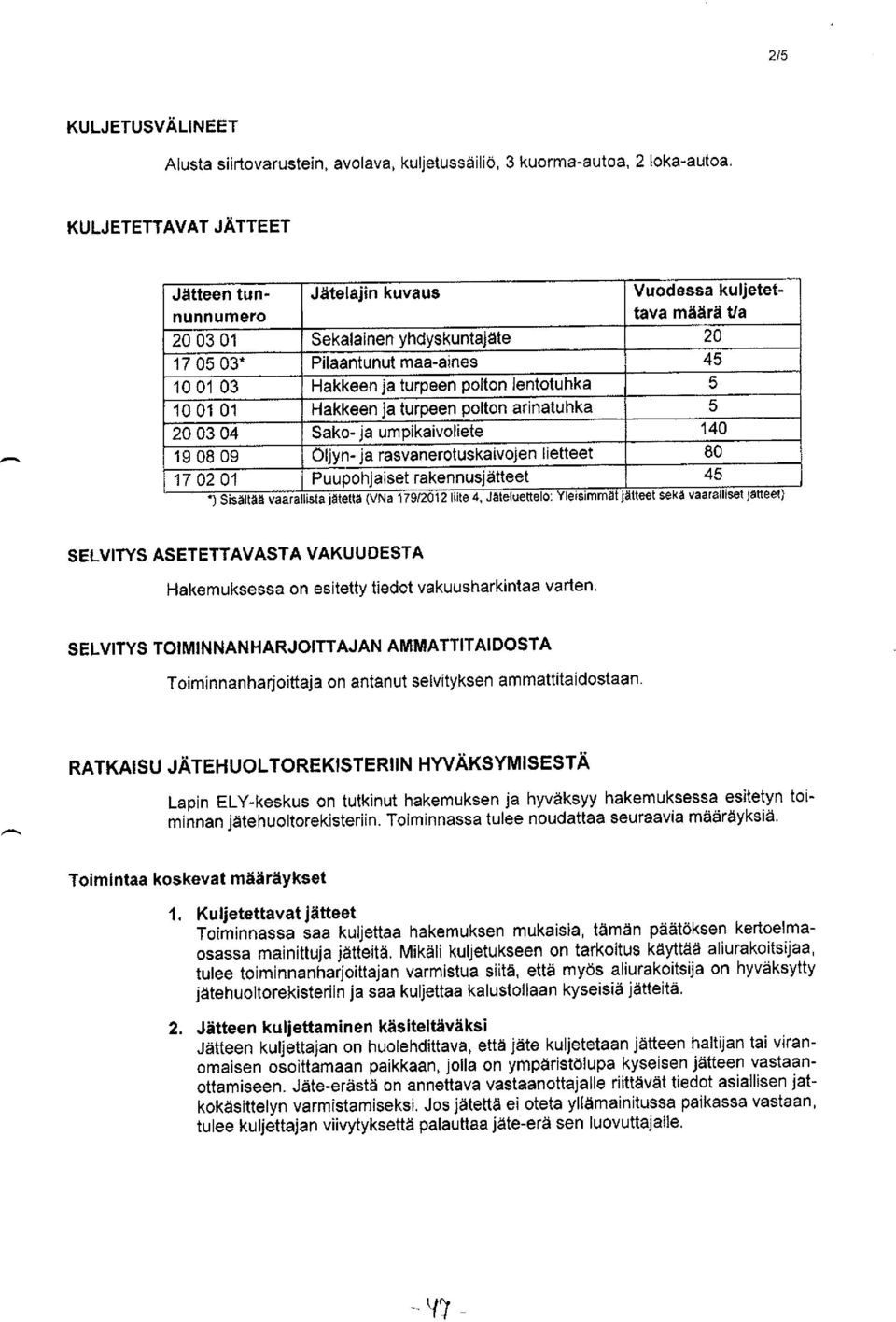 lentotuhka 5 10 01 01 Hakkeen ja turpeen polton arinatuhka 5 20 03 04 Sako- ja umpikaivoliete 140 19 08 09 Öljyn-ja rasvanerotuskaivojen lietteet 80 17 02 01 Puupohjaiset rakennusjätteet lista