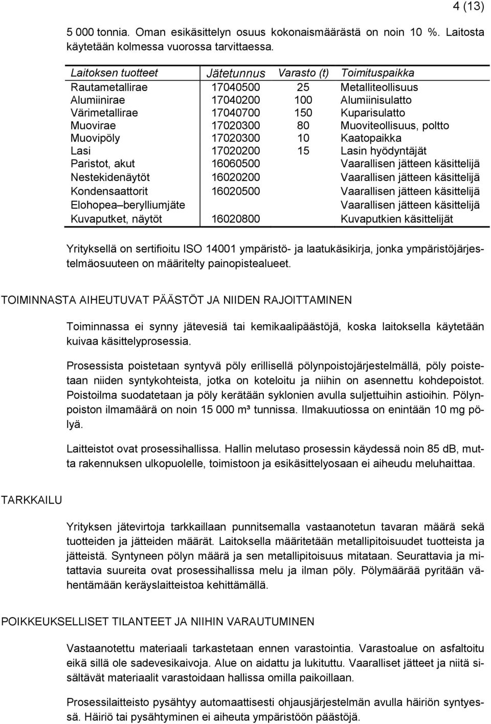 17020300 80 Muoviteollisuus, poltto Muovipöly 17020300 10 Kaatopaikka Lasi 17020200 15 Lasin hyödyntäjät Paristot, akut 16060500 Vaarallisen jätteen käsittelijä Nestekidenäytöt 16020200 Vaarallisen