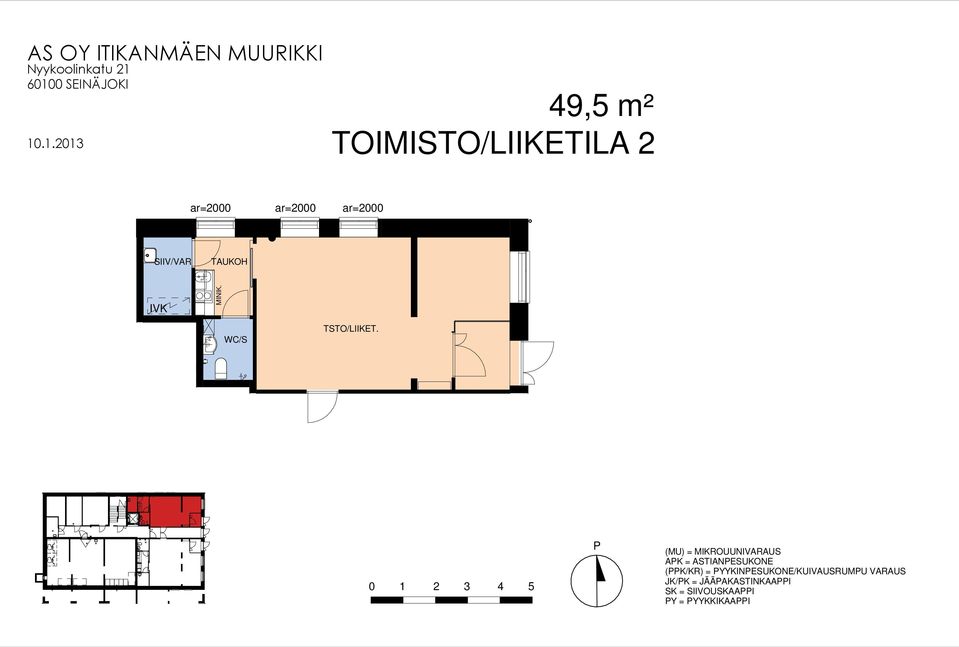 TAUK = TAUKUONE WC/S = SUIHKU JA WC-TILA = SIIVOUSHUONE / VARASTO =