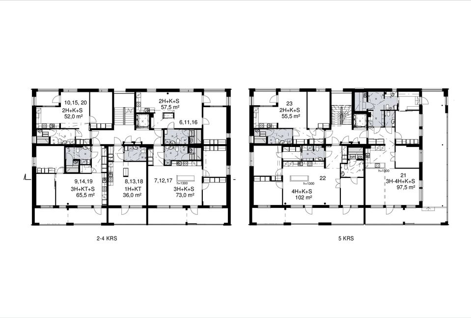 23 2H+K+S 55,5 m² 9,14,19 3H+KT+S 65,5 m² 8,13,18