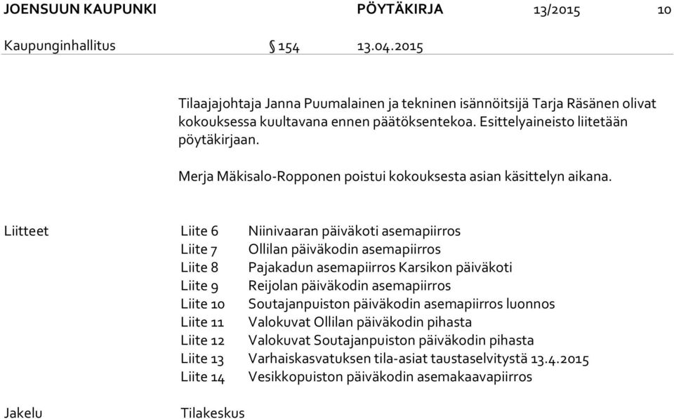 Liitteet Liite 6 Niinivaaran päiväkoti asemapiirros Liite 7 Ollilan päiväkodin asemapiirros Liite 8 Pajakadun asemapiirros Karsikon päiväkoti Liite 9 Reijolan päiväkodin asemapiirros Liite 10