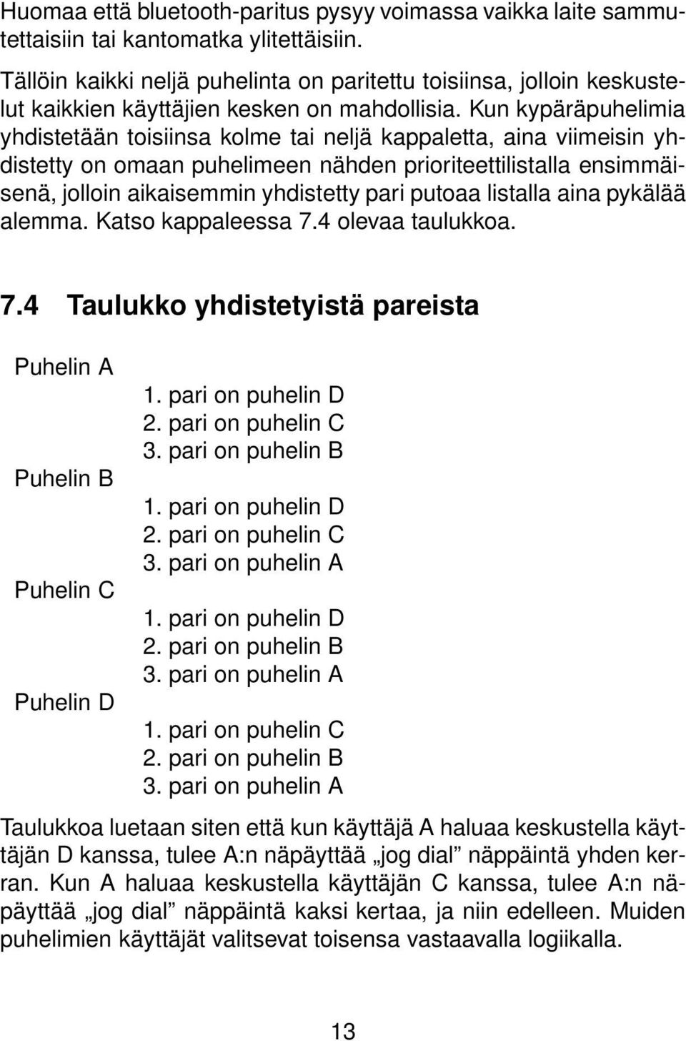 Kun kypäräpuhelimia yhdistetään toisiinsa kolme tai neljä kappaletta, aina viimeisin yhdistetty on omaan puhelimeen nähden prioriteettilistalla ensimmäisenä, jolloin aikaisemmin yhdistetty pari