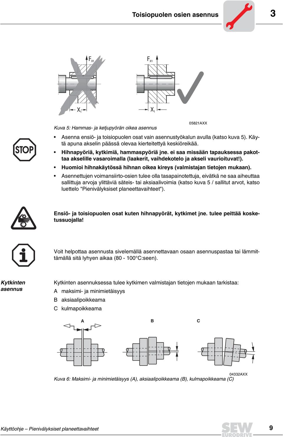 ei saa missään tapauksessa pakottaa akselille vasaroimalla (laakerit, vaihdekotelo ja akseli vaurioituvat!). Huomioi hihnakäytössä hihnan oikea kireys (valmistajan tietojen mukaan).