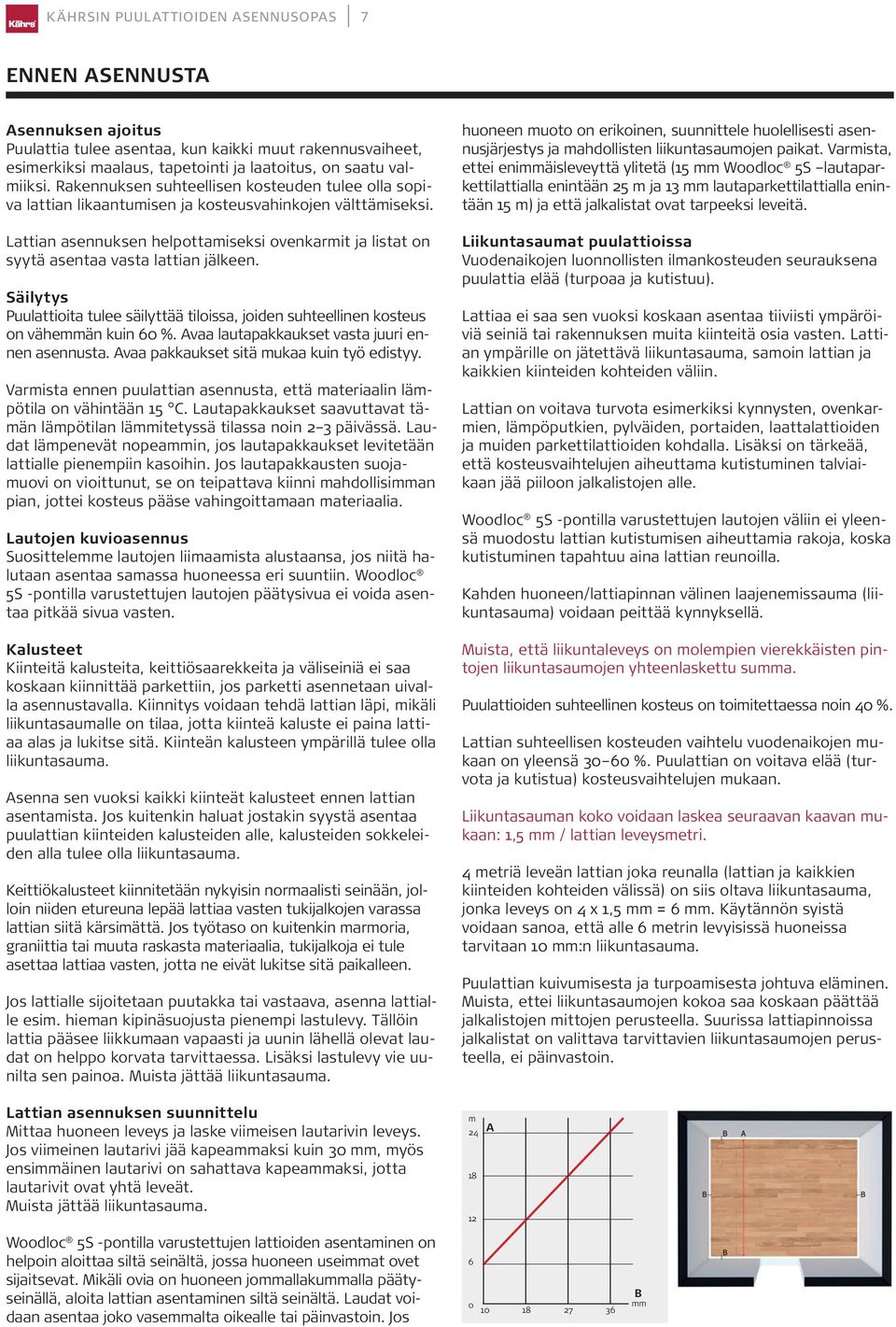 Lattian asennuksen helpottamiseksi ovenkarmit ja listat on syytä asentaa vasta lattian jälkeen. Säilytys Puulattioita tulee säilyttää tiloissa, joiden suhteellinen kosteus on vähemmän kuin 60 %.