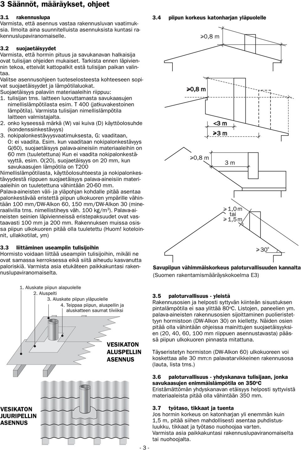 Valitse asennusohjeen tuoteselosteesta kohteeseen sopivat suojaetäisyydet ja lämpötilaluokat. Suojaetäisyys palaviin materiaaleihin riippuu: 1. tulisijan tms.