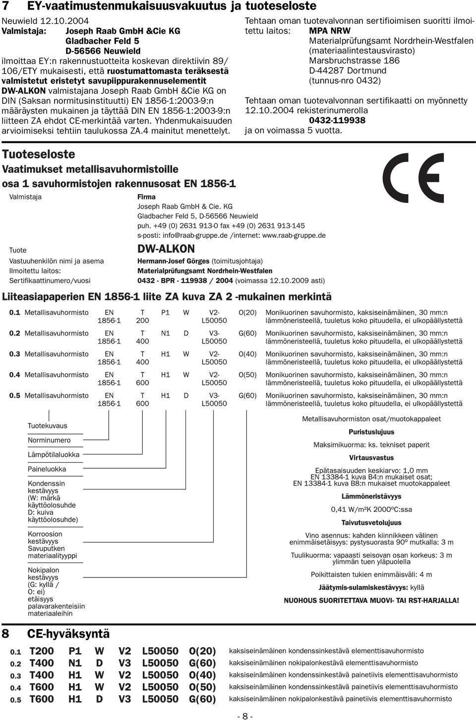 eristetyt savupiippurakennuselementit DW-ALKON valmistajana Joseph Raab GmbH &Cie KG on DIN (Saksan normitusinstituutti) EN 1856-1:2003-9:n määräysten mukainen ja täyttää DIN EN 1856-1:2003-9:n