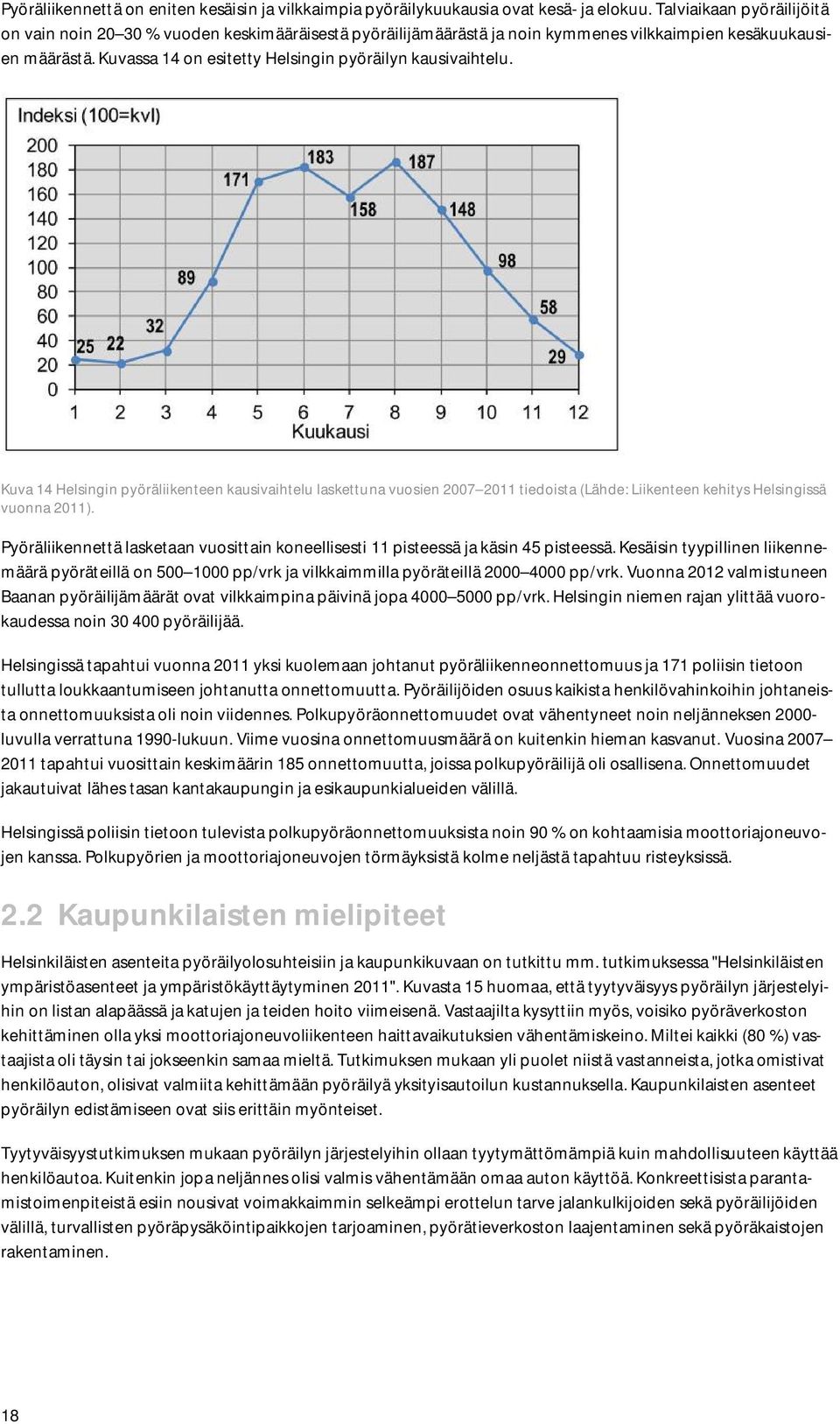 Kuvassa 14 on esitetty Helsingin pyöräilyn kausivaihtelu. Kuva 14 Helsingin pyöräliikenteen kausivaihtelu laskettuna vuosien 2007 2011 tiedoista (Lähde: Liikenteen kehitys Helsingissä vuonna 2011).