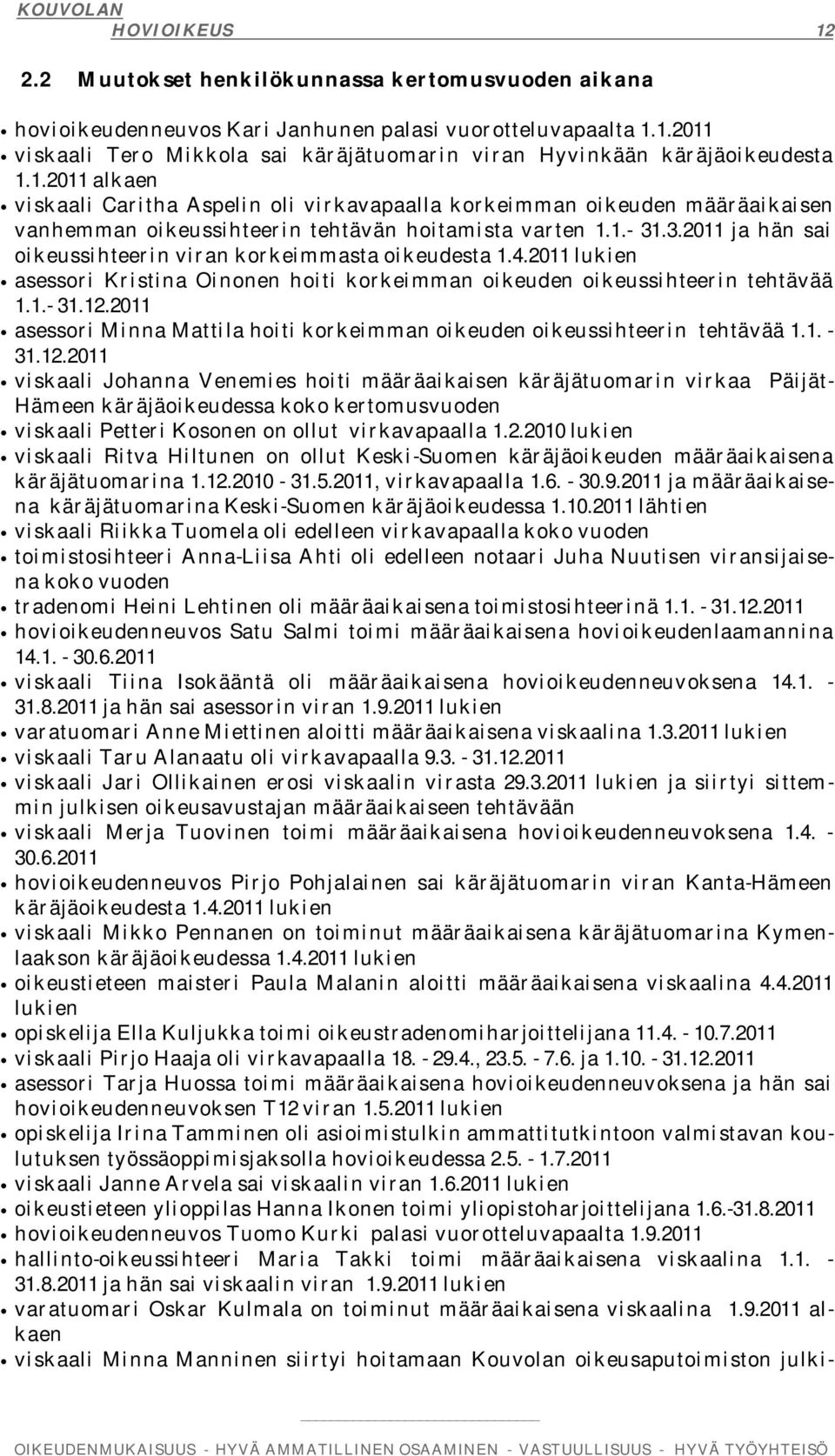 .3.2011 ja hän sai oikeussihteerin viran korkeimmasta oikeudesta 1.4.2011 lukien asessori Kristina Oinonen hoiti korkeimman oikeuden oikeussihteerin tehtävää 1.1.- 31.12.