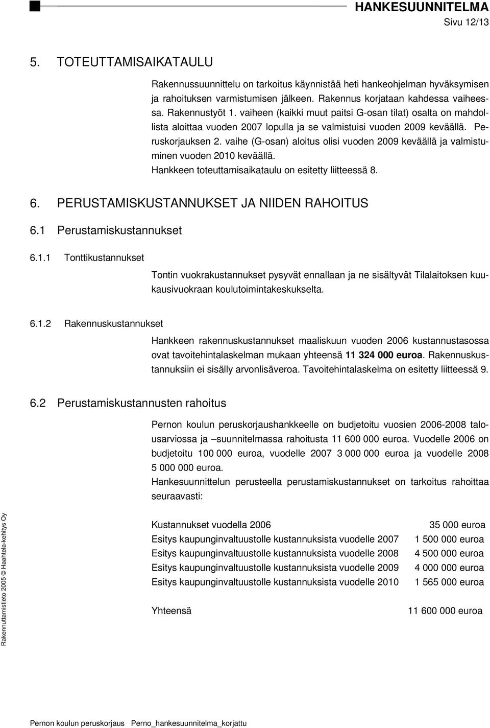 Peruskorjauksen 2. vaihe (G-osan) aloitus olisi vuoden 2009 keväällä ja valmistuminen vuoden 2010 keväällä. Hankkeen toteuttamisaikataulu on esitetty liitteessä 8. 6.